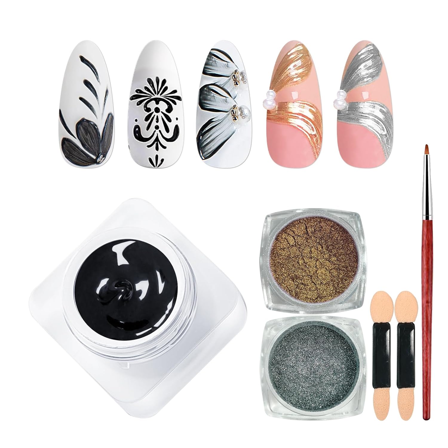 Mirco Sculpture Painting Nail Gel with Chrome Nail Powder, 3D Black Painting Carved Nail Gel, Metallic Mirror Effect, Creative Molding Gel for DIY Nail Home Salon Manicure Soak Off UV LED