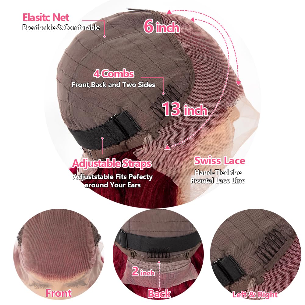 22inch 99j Burgundy Lace Front Wigs Human Hair Pre Plucked 180% Density 13x6 Body Wave HD Transparent Lace Frontal Glueless Wigs Human Hair Red Wigs For Black Women Natural Hairline with Baby Hair - Image 3