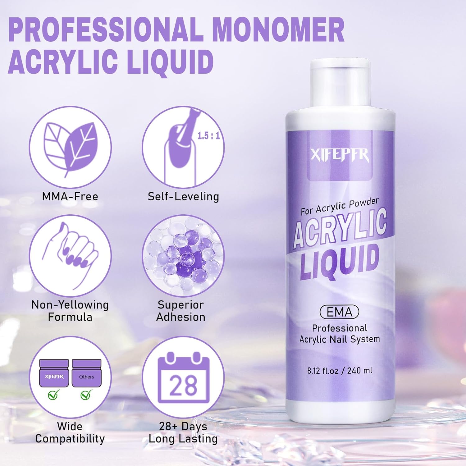 Monomer Acrylic Nail Liquid 8.12fl.oz with 3 Size Acrylic Brushes for Acrylic Powder, MMA-Free Non-Yellowing EMA Monomer Liquid for Acrylic Nail Extension & Carving, DIY Home & Nail Salon Use - Image 2