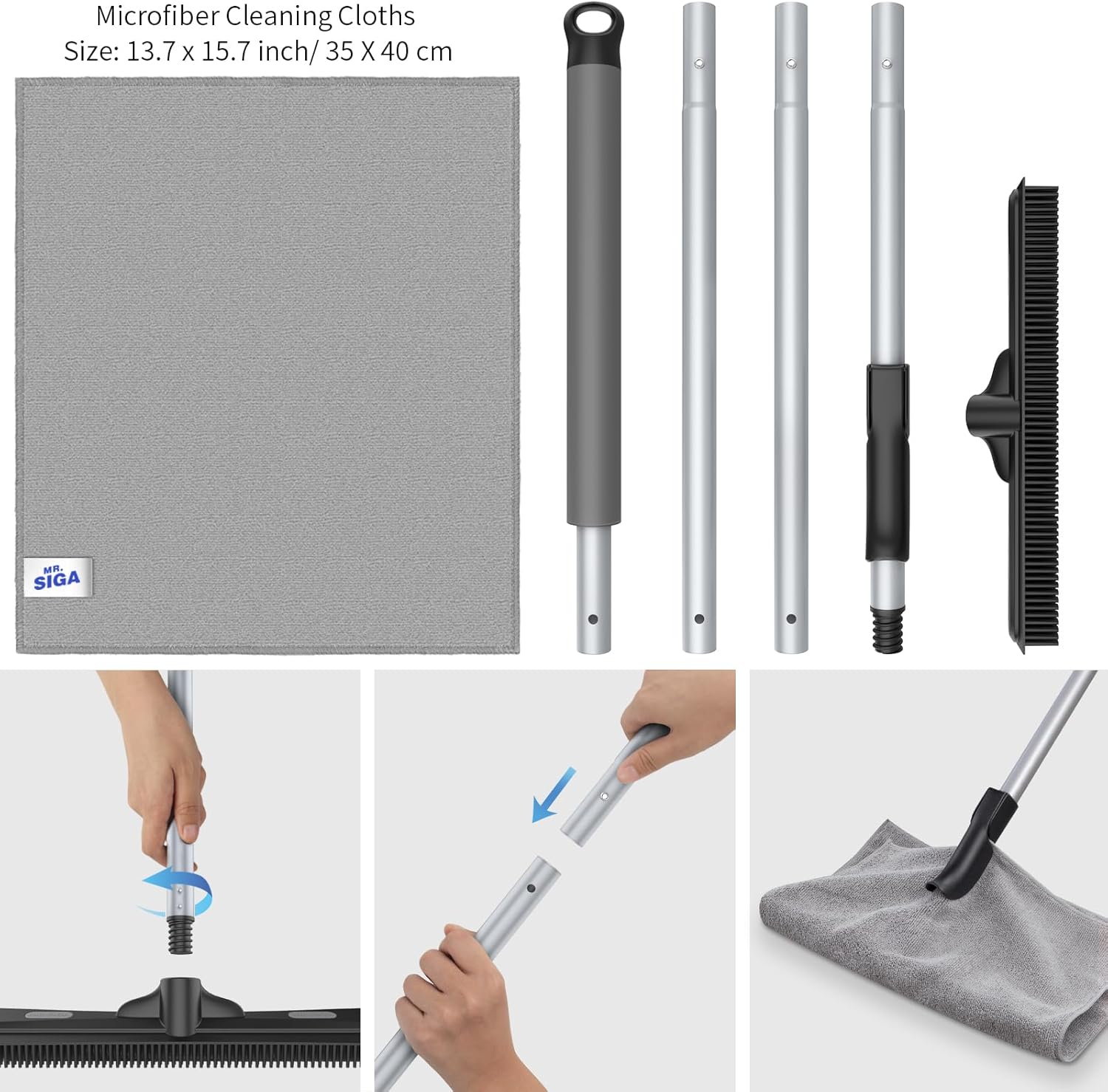 MR.SIGA 3-in-1 Pet Hair Rubber Broom Squeegee New Adjustable 61 Inch Handle - Image 6