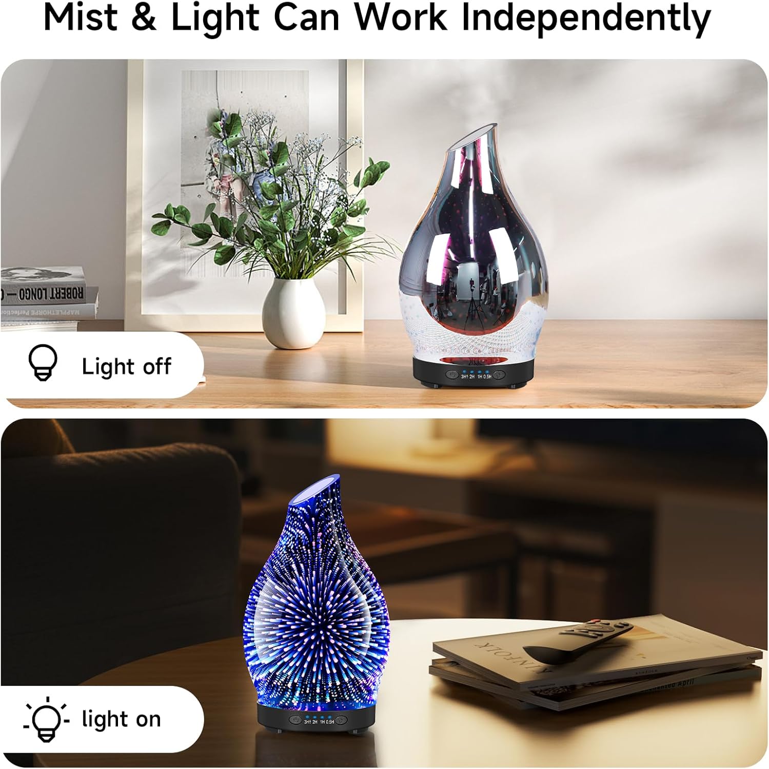 120ML Essential Oil Diffuser, 3D Glass Aromatherapy Diffuser with Auto Shut-Off and 7 Color LED Lights, Ultrasonic Mist Humidifier with 4 Timer for Home Office Bedroom (3D Fireworks) - Image 3