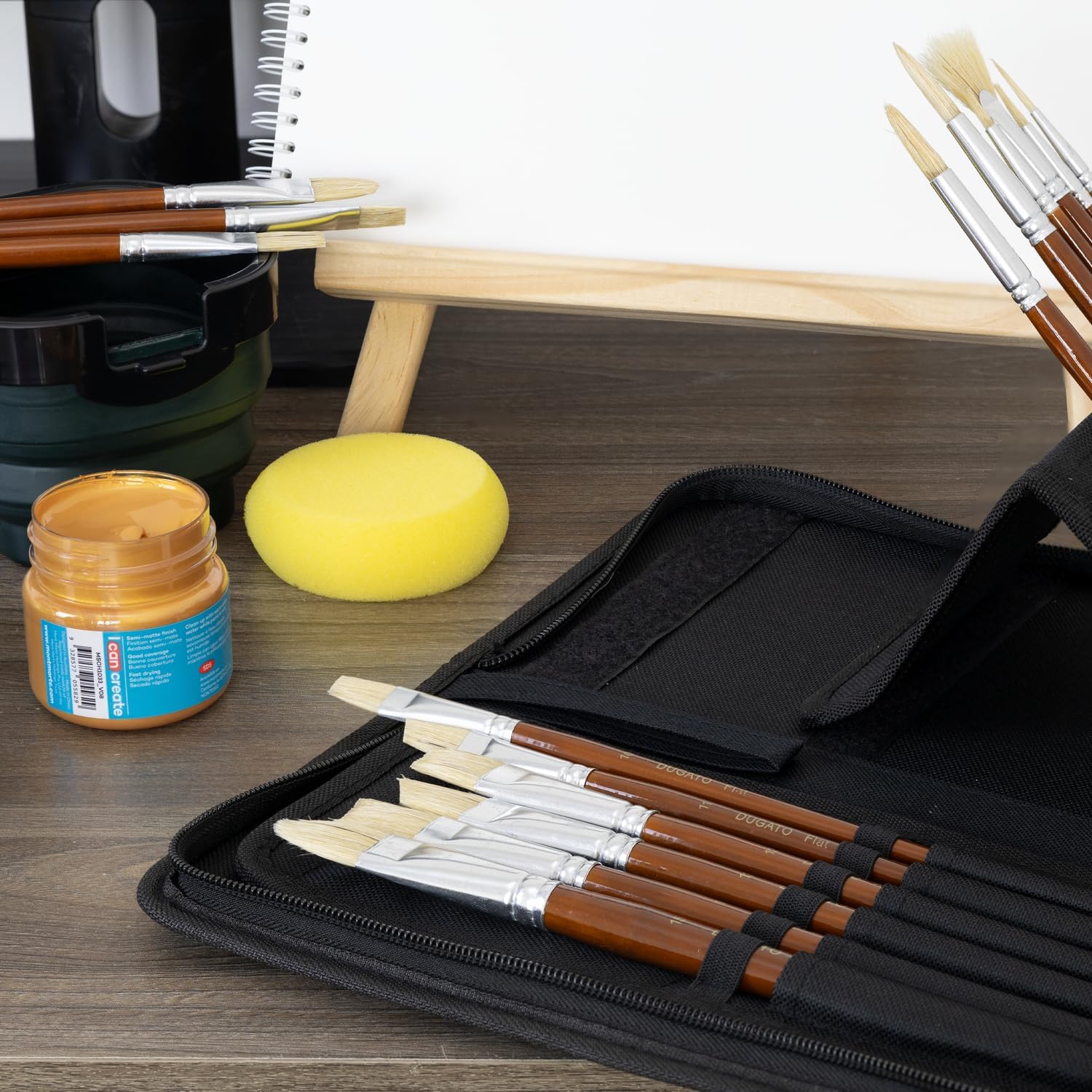 DUGATO Artist Paint Brush Set (15pc) - Hog Bristle Brushes for Oil, Acrylic, Gouache, Watercolor - Includes Pop-Up Case, Palette Knife & Sponges - Professional Art Supplies - Image 7