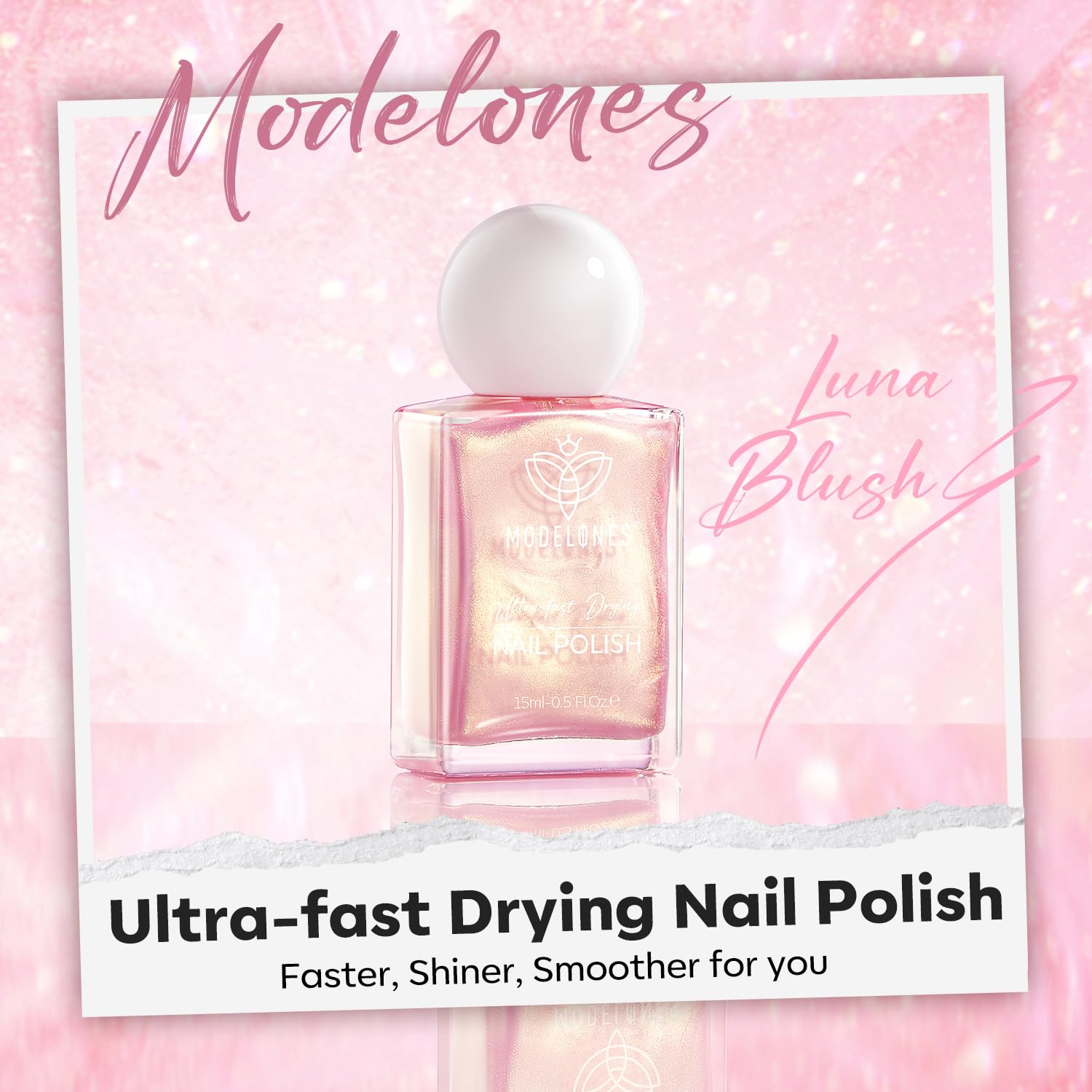 modelones Chrome Pink Nail Polish, 15 ml Pearl Mermaid Iridescent Shimmer Pink Quick Dry Nail Lacquer Long Last Shine Fingernail Polish Nail Art DIY Home Manicure Gift for Women Girls 0.5 Fl Oz - Image 2
