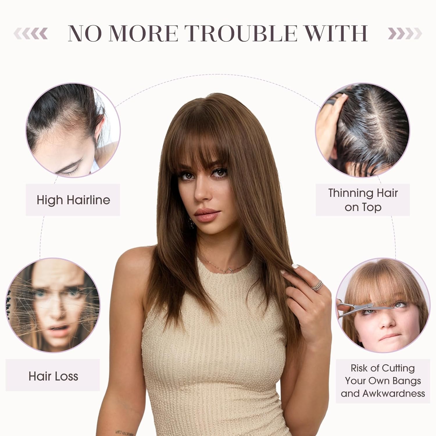Hairro Human Hair Toppers with Bangs, 3D 360° Cover with 2.8"x5.1" Base, Clips in 100% Real Hairpieces for Women, for Covering Thinning Greyish Hair on Top, 12 Inch Dark Brown - Image 6