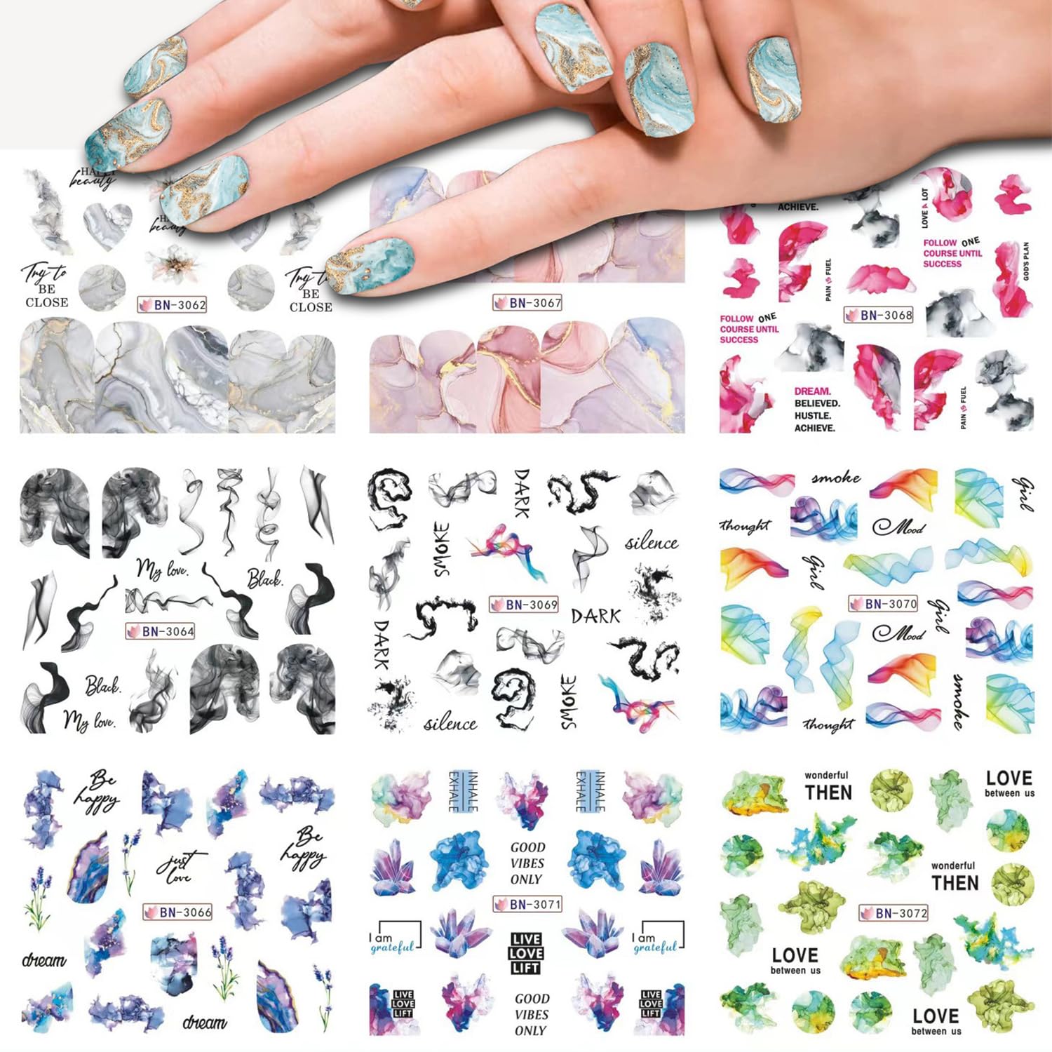 12 Sheets Watercolor Marble Nail Water Transfer Decals Nail Art Stickers Colorful Halo Staining Marble Stripe Designs Nail Art Supplies Spring Nail Tattoo Watermark Stickers Accessories for Women - Image 4