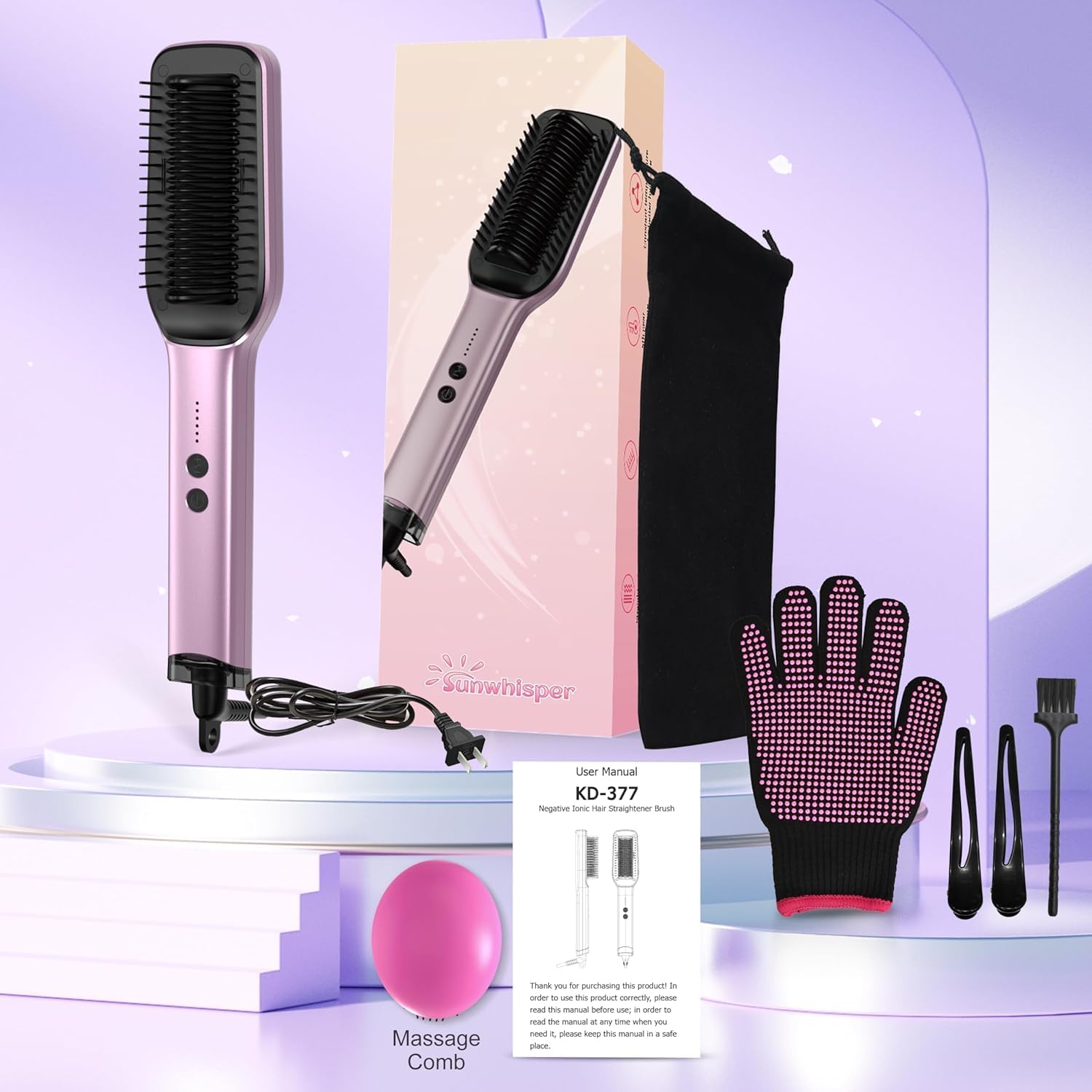 Ionic Hair Straightener Brush - 20 Million Anion, 5 Temps Setup, 20s Fast Heating & Dual Voltage, Ceramic Hair Brush Straightener for Women - Purple - Image 7