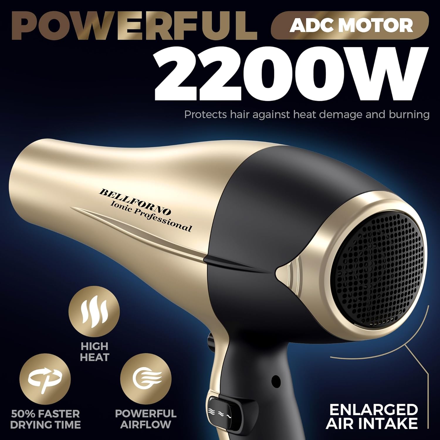 2200W High-Power Hair Dryer - Ionic Ceramic Tourmaline Technology, Lightweight Ergonomic Design with Cool Shot, Comb Attachments & Adjustable Heat/Speed, ADC Motor, Professional Salon Finish - Image 3
