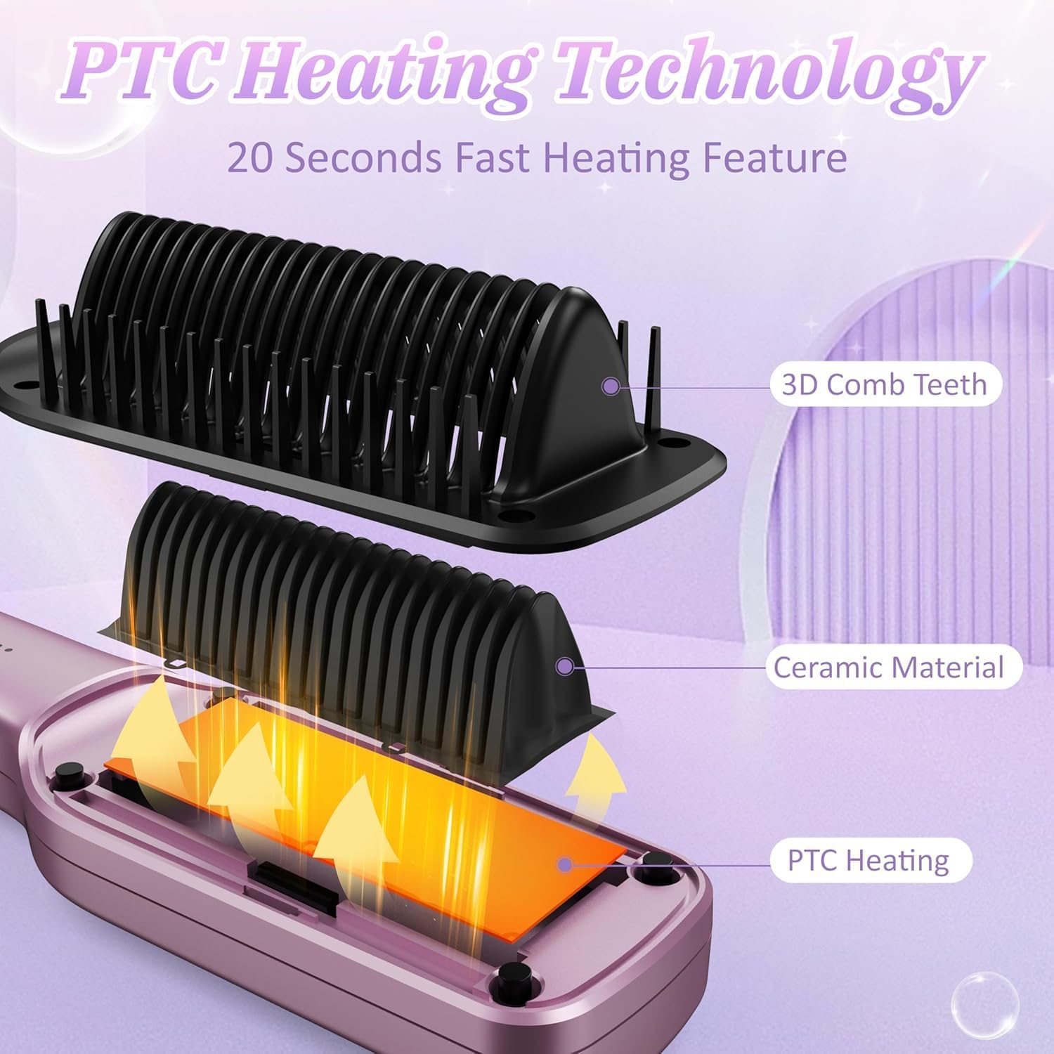 Ionic Hair Straightener Brush - 20 Million Anion, 5 Temps Setup, 20s Fast Heating & Dual Voltage, Ceramic Hair Brush Straightener for Women - Purple - Image 4