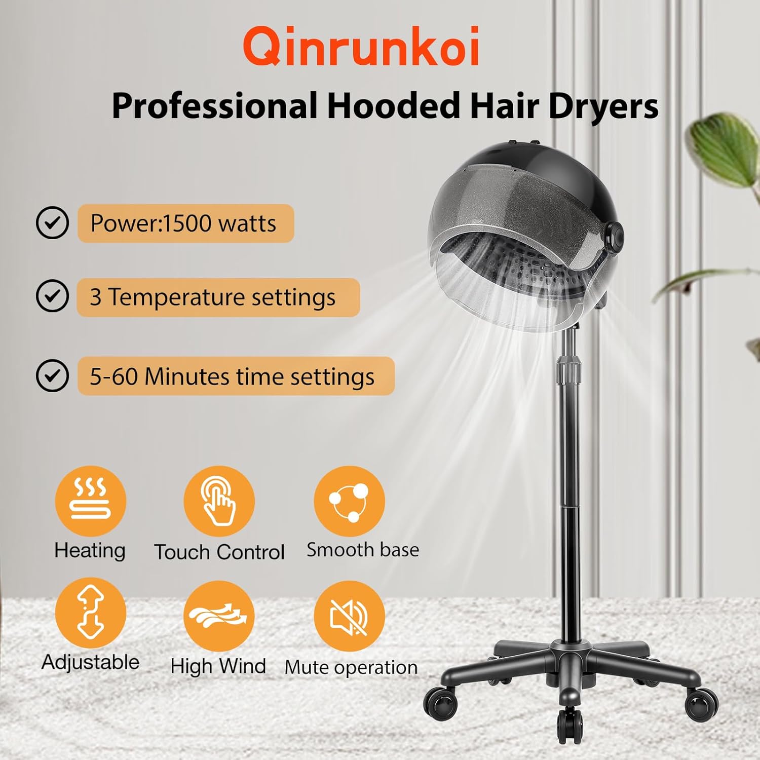 Hooded Hair Dryer, Adjustable Stand Hair Dryer on Wheels,Professional Ionic Bonnet Dryer with 3 Temperature Settings, for Salon, Spa or at Home Use - Image 3