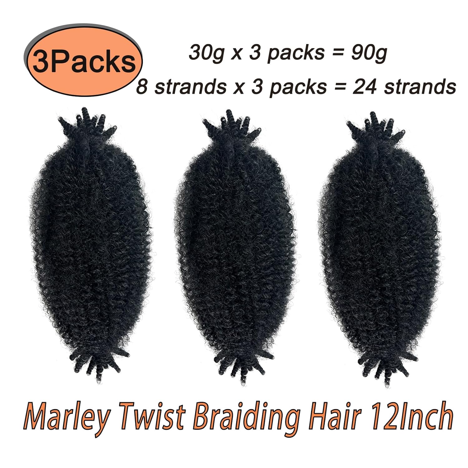 3 Packs Marley Twist Braiding Hair, 12 Inch Pre-Separated Springy Afro Twist Hair Kinky Twist Crochet Hair Braids for Distressed Soft Locs Spring Twist Hair for Women (12 Inch (Pack of 3), 1B) - Image 3