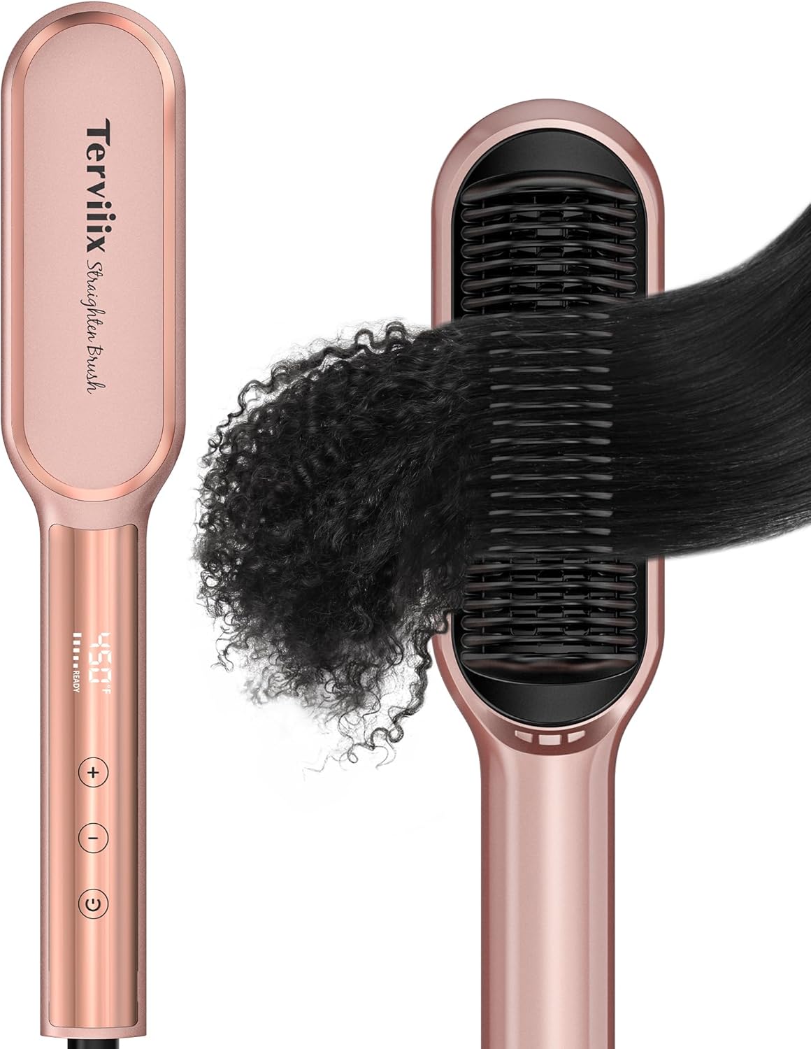 Terviiix Frizz Buster Ionic Hair Straightener Brush with MCH Heater - Rapid 450°F in 20S, Hair Straightener Comb for Efficient One-Pass, Anti-Scald, 13 Heat Settings, Digital Display, Dual Voltage