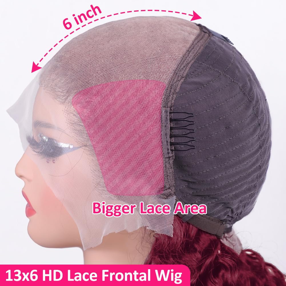 Hedy 28 Inch 99J Burgundy Deep Wave Lace Front Wigs Human Hair Pre Plucked with Baby Hair Glueless 13x6 HD Transparent Brazilian Human Hair Full Lace Frontal Wigs for Women Wine Red Color 180% Density - Image 3