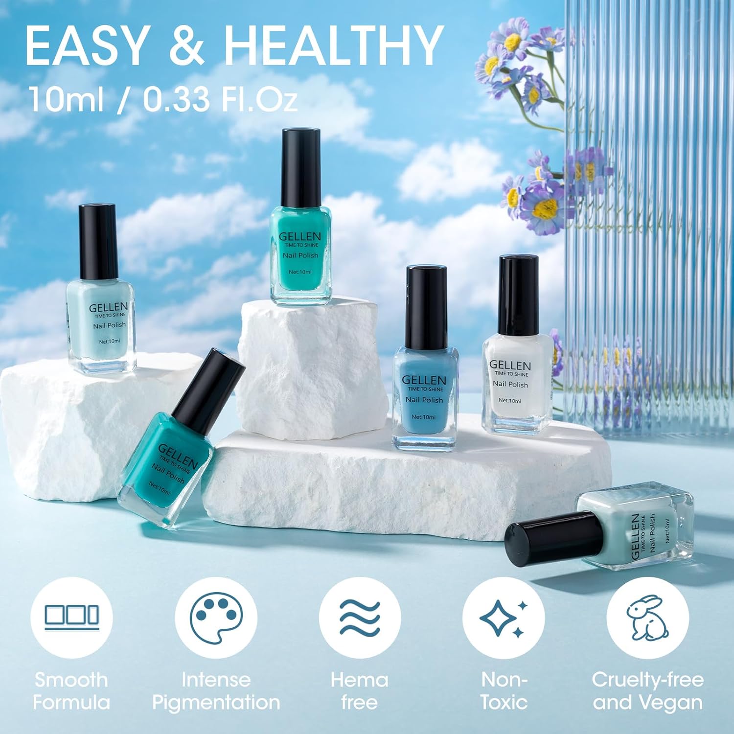 GELLEN Teal Regular Nail Polish Non Gel, Fast Air Drying Mint Turquoise Nail Polish No UV Light Needed Spring Summer 6 Colors Blue Green Set for Women Girls Manicure Home Salon, Hema Free, 0.33 Fl.Oz - Image 7