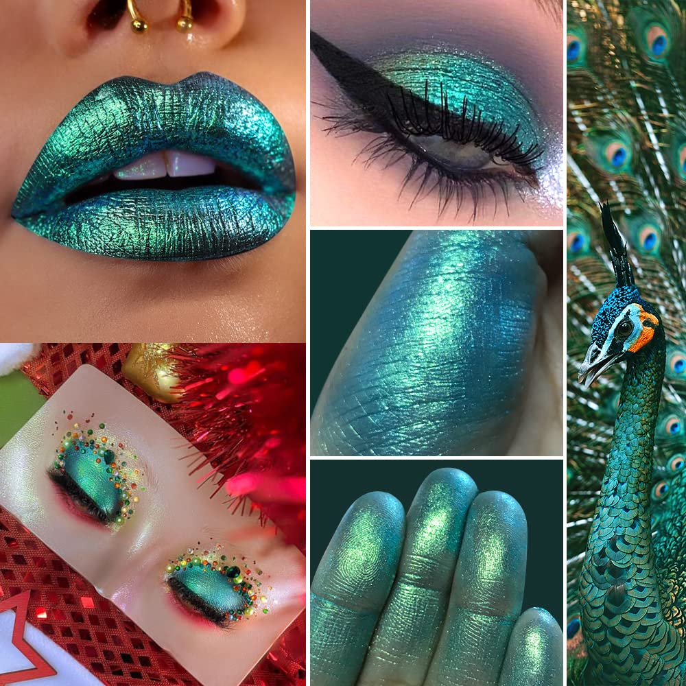 Multichrome Chameleon Green Eyeshadow Palette, Glitter Shimmer Metallic Holographic Powder, Highly Pigmented Long Lasting for Stage/Party Makeup, Bright Eyes - Image 3