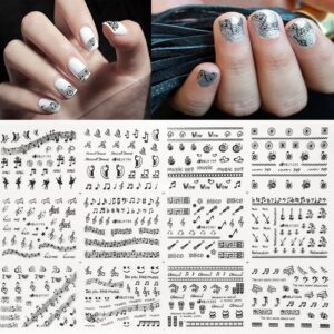 Musical Instrument Series Nail Art Stickers, Musical Notes Nail Decals 3D Self-Adhesive Guitar Erhu Piano keys Microphone Musical Notes Nail Design Manicure Tips Nail Decoration for Women Girls Kids(12 Sheets)
