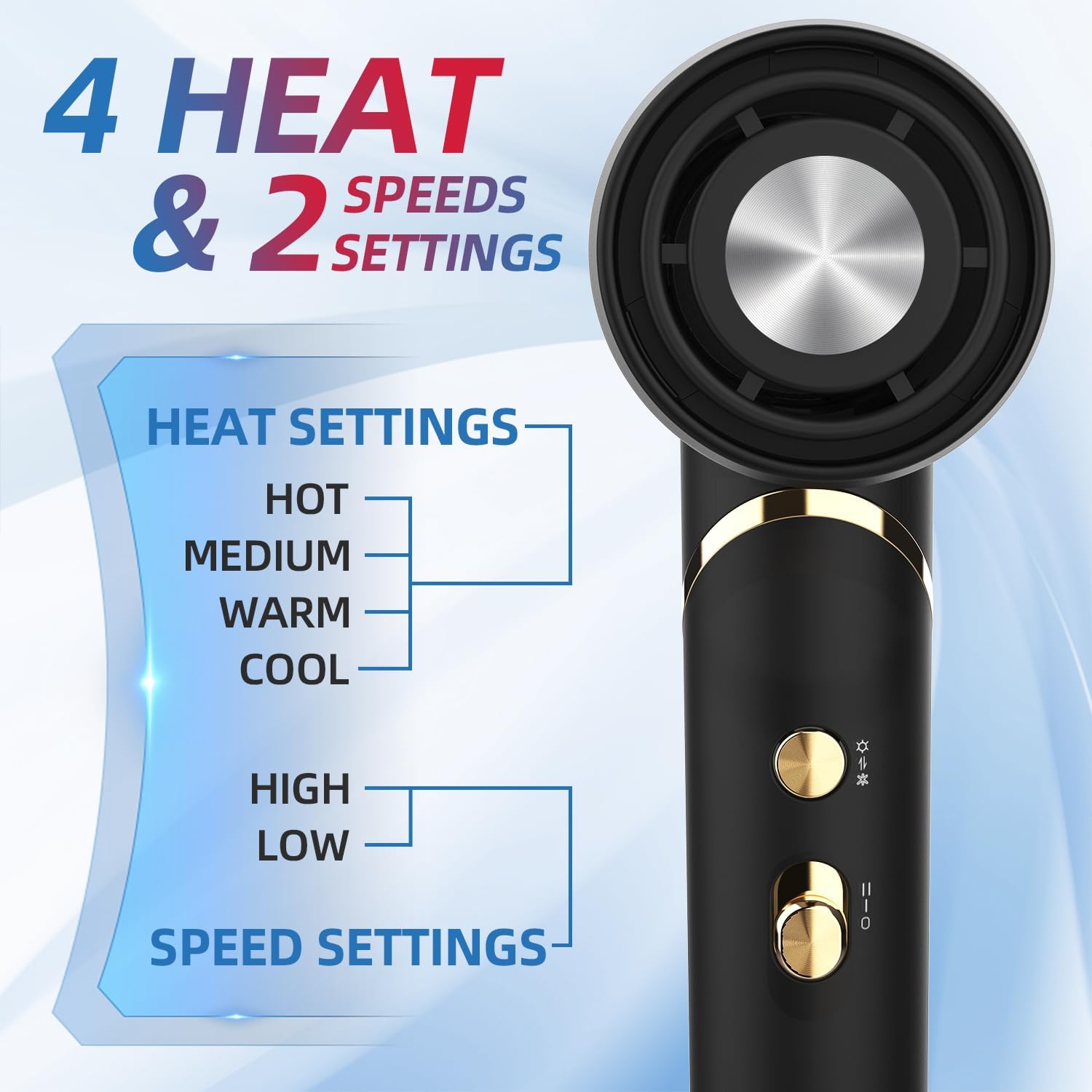 Professional Hair Dryer with Diffuser, Foldable Blow Dryer with Lightweight Design Compact Powerful & Fast Salon Hairdryer with High Speed Brushless Motor, Travel Hair Dryer Women Men (Black) - Image 6