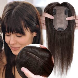 MY-LADY Human Hair Toppers for Women Real Remy Hair 150% Density 7 * 13CM Silk Base with Bangs Clip in Hair Pieces Straight Hairpiece for Thinning Hair 10 Inch #02 Dark Brown