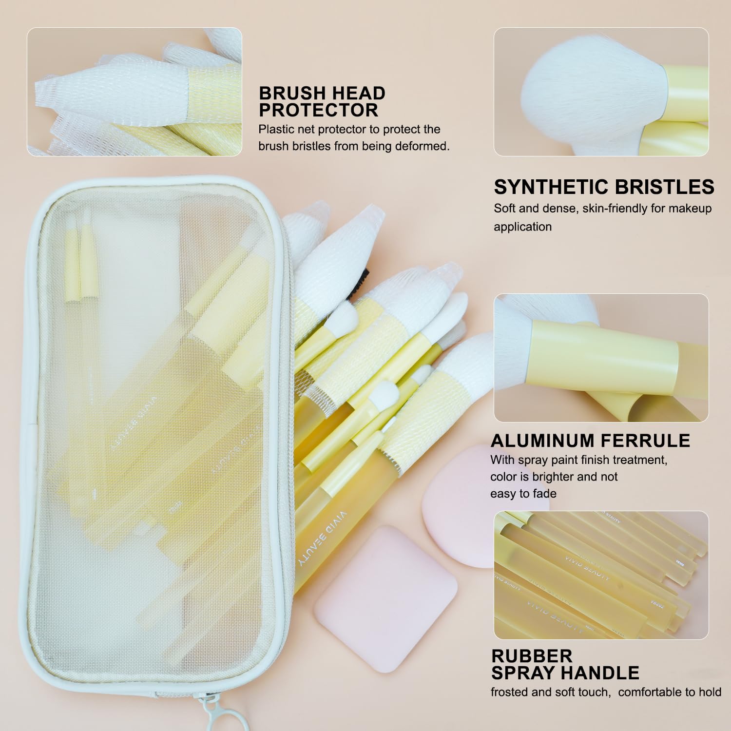 18pcs Colorful Makeup Brush Set with Make up Bag and Sponge Applicators for Liquid Foundation - Professional Cosmetics Tools Blush Blending Blender Brushes Gift Pack (Yellow) - Image 3