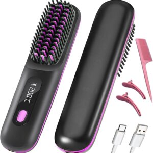 Wireless Hair Straightener Curling Brush Portable Hot Comb Negative Ion Straightening Airwrap Cordless Blow Dryer Lazy Crimper Touch-ups On-The-Go Styling 250°F to 410°F Rechargeable (Black)