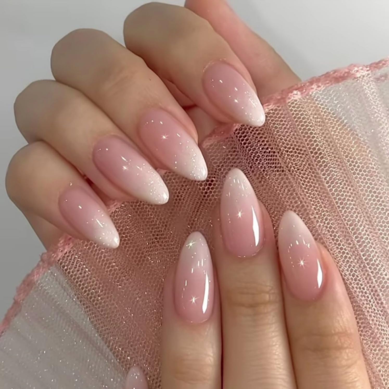 Glitter Ombre Pink Press on Nails Almond Shaped Nails Press ons, Medium Fake Nails Almond Acrylic Nails Glue on Nail Medium Length False Nail for Women Thick Natural Gel Stiletto 24Pcs - Image 3