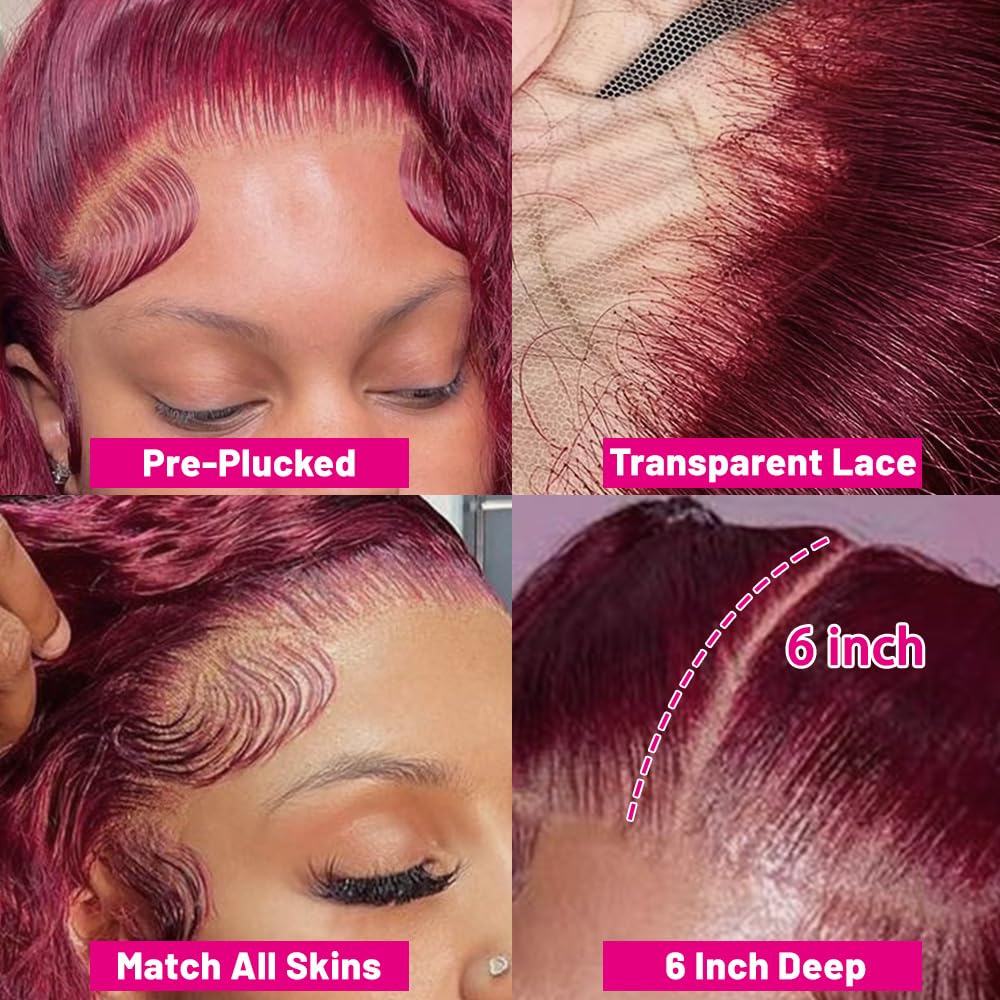 Burgundy 99J Deep Wave Human Hair Lace Front Wig 26 Inch 200 Density - Image 2