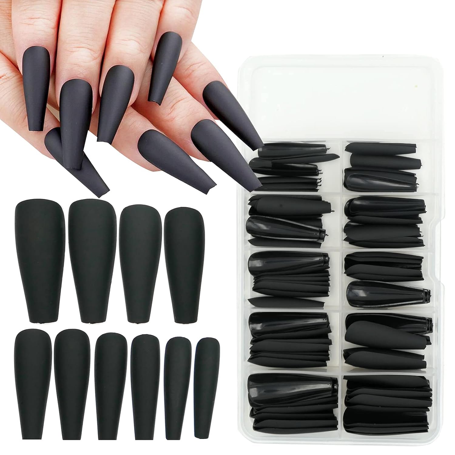 AddFavor 100pcs Coffin Fake Nails Full Cover Long Press on Nails Pure Color Matte Acrylic False Nail Tips for Women and Girls (Black) - Image 2