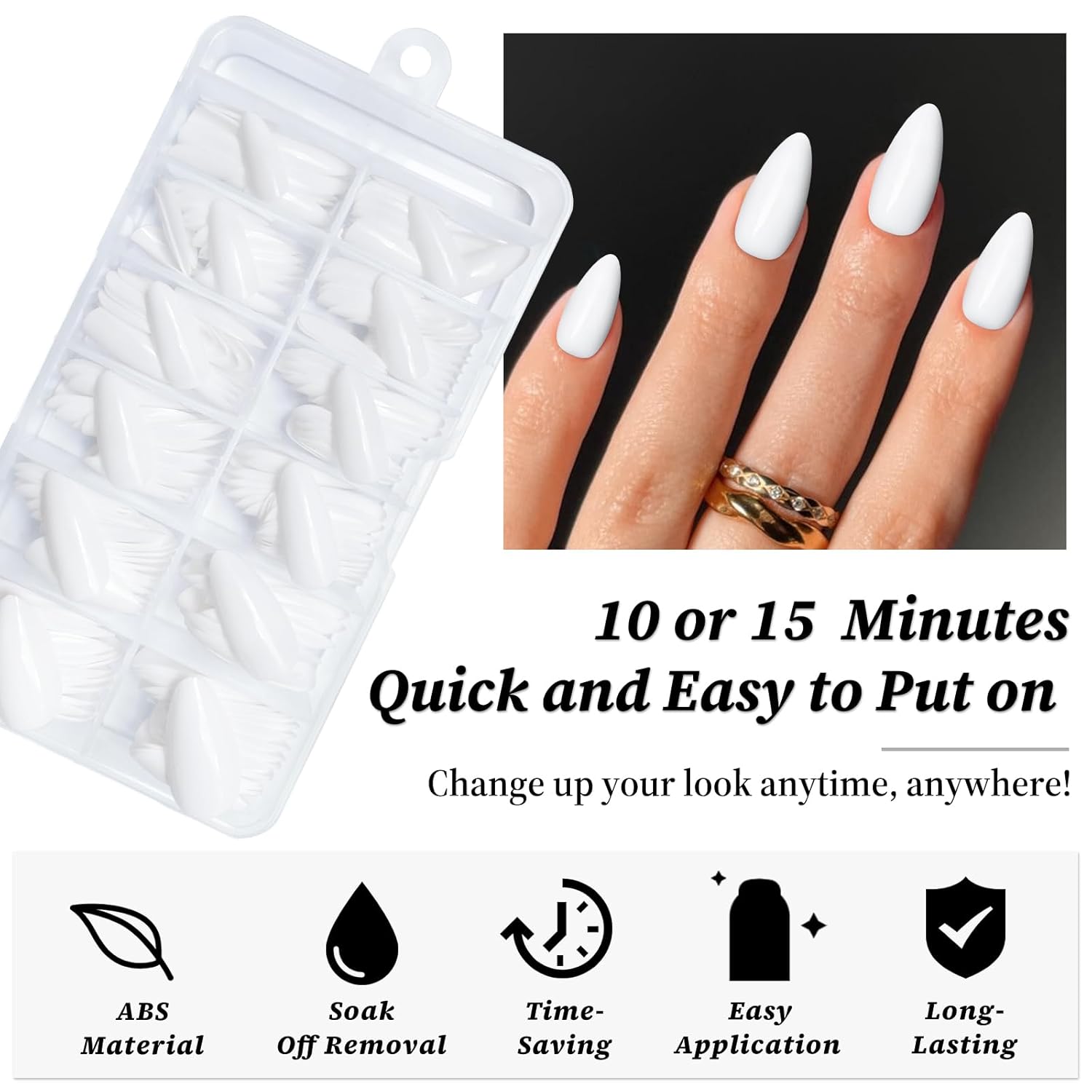 Medium White Almond 240 Piece Press On Nails Kit with Glue Tabs - Image 3