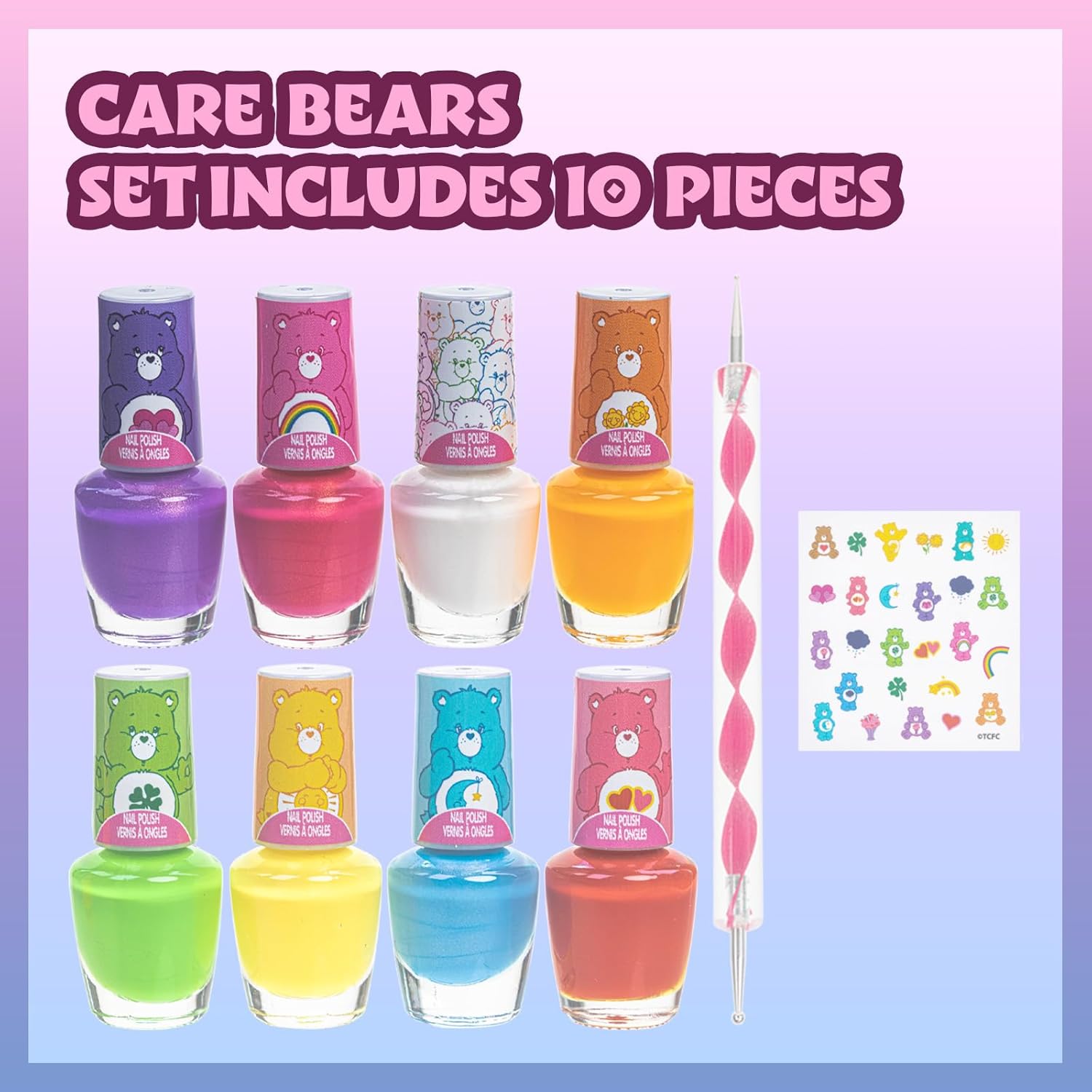 Townley Girl Care Bears 8 Piece Tie-Dye Kids Nail Polish Set | Non-toxic & Quick Dry Nail Polish with Nail Stickers | Birthday Gifts for Ages 3 - Image 2