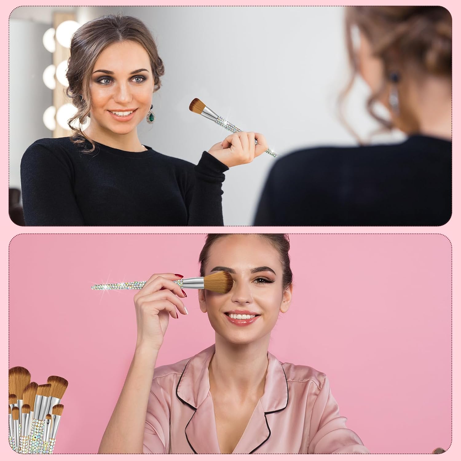 13 Pieces Rhinestone Makeup Brushes Set Bling Crystal Professional Face Cosmetics Blending Liquid Foundation Powder Concealer Eye Shadows Make up Beauty Tool Glitter with Holder (Silver, Yellow) - Image 6