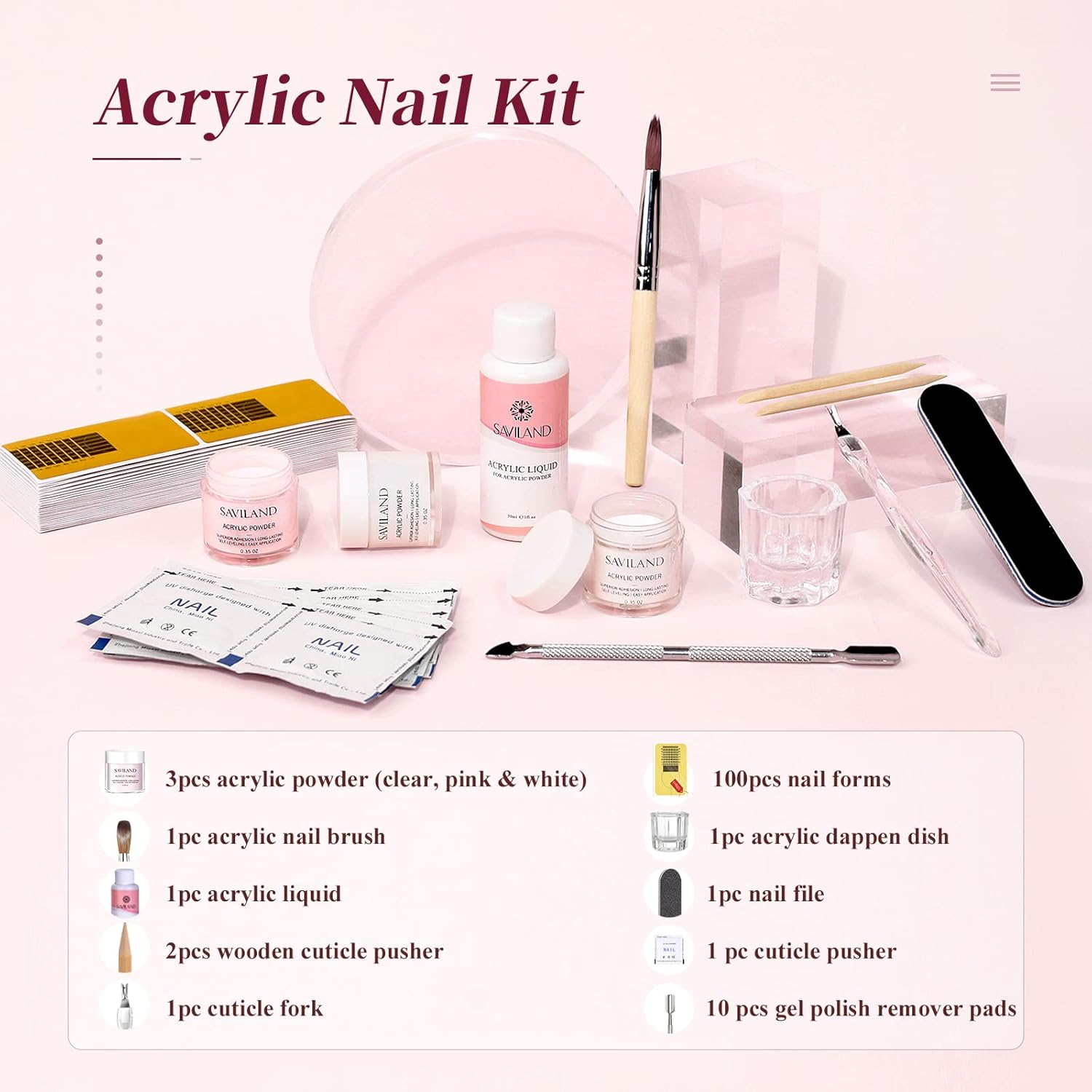 SAVILAND Acrylic Nail Kit for Beginners: White Pink Clear Acrylic Powder and Liquid Set with Nail Brush Forms Manicure Tools Kit with Everything for Beginners Home DIY Nail Art Salon - Image 3