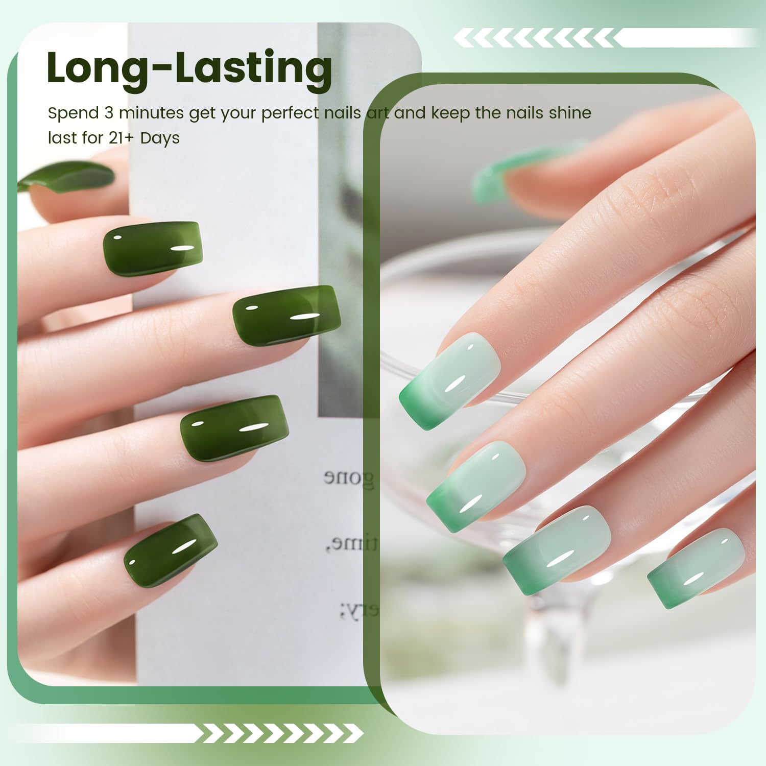 RARJSM Green Jelly Glass Gel Nail Polish Set 6pcs Clear Crytal Army Dark Jade Sage Green Transparent Sheer Amber Series Milky Diamond Cat Eye Gel Varnish LED UV Curing Requires - Image 4