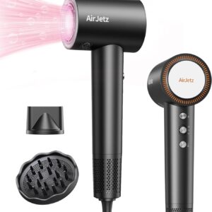 Hair Dryer, 160,000 RPM High-Speed Ionic Blow Dryer for Fast Drying, Professional Lightweight Hairdryer with Diffuser, Magnetic Nozzle, 4 Temps & 2 Speeds, Low Noise for Travel - Black