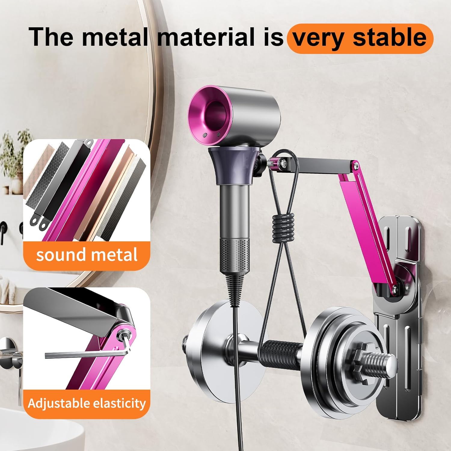 Adjustable Blow Dryer Holder Wall Mounted Storage,Bathroom Blow Dryer Holder,Height Angle,Metal Material Compatible with 99% Hair Dryer Hanger, Suitable for countertop use - Image 10