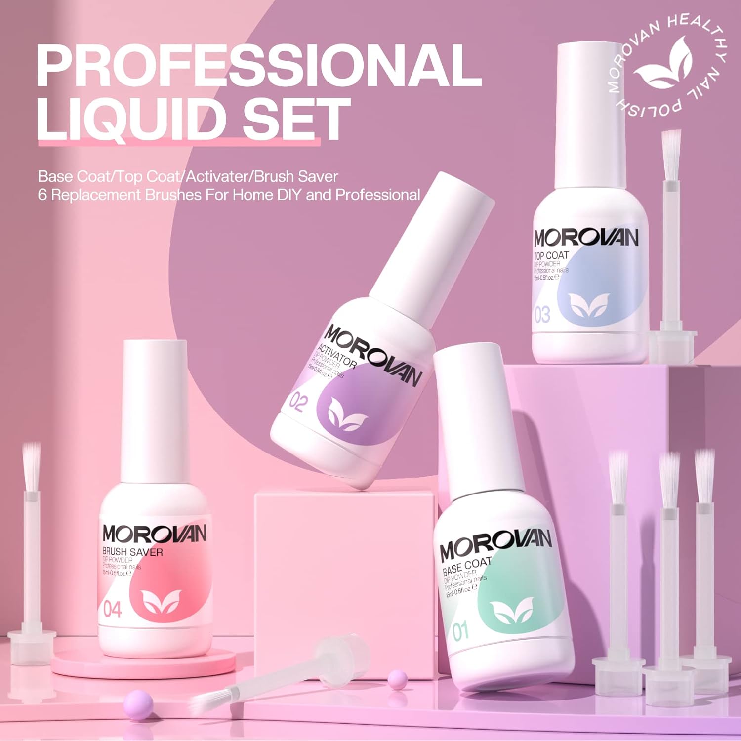 Morovan Dip Powder Liquid Set with Activator Base Top Coat and Dipping Powder Brush Saver 4pcs 0.5oz for Dip Powder Nail Kit - Image 8