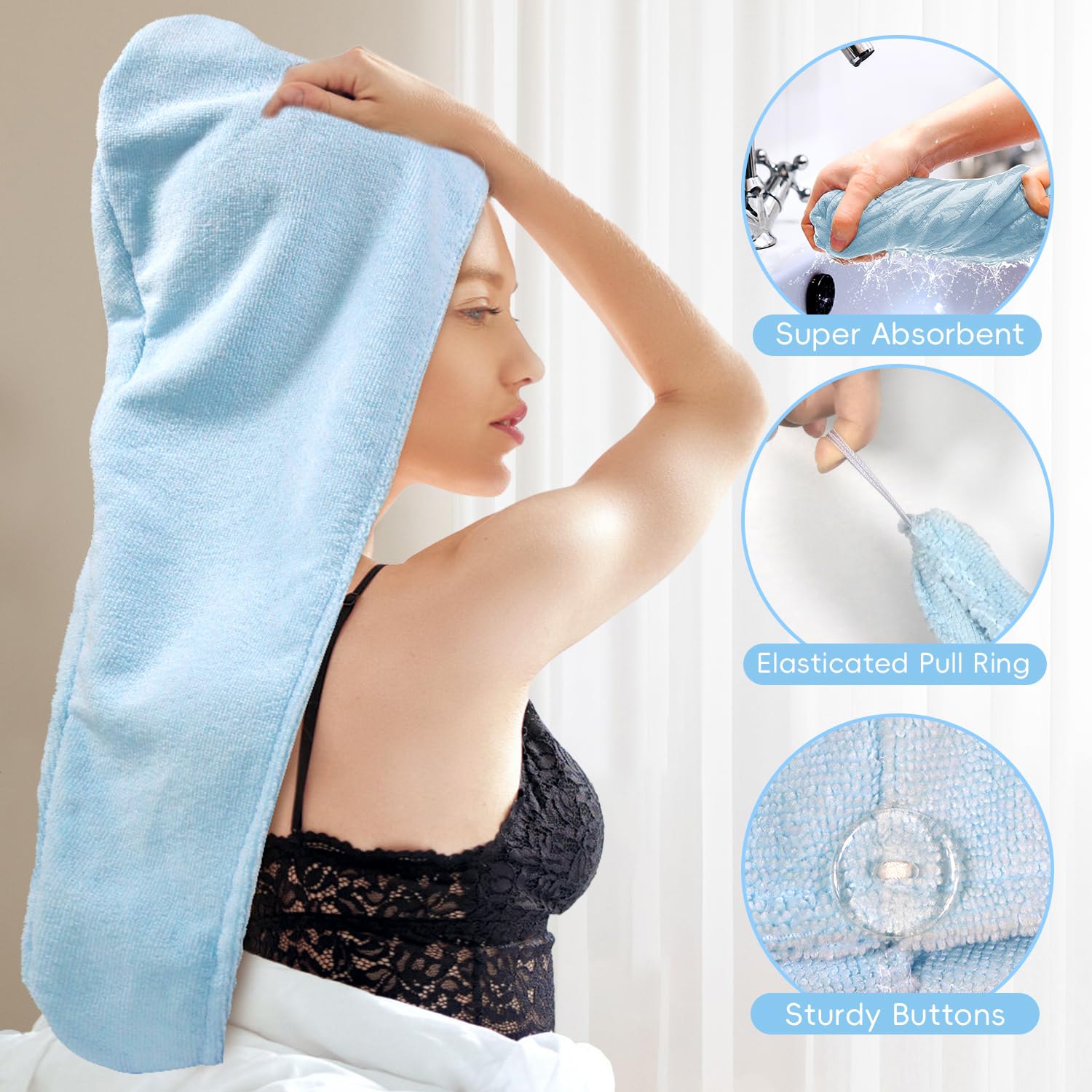 Hair towel wrap for women, Shower cap reusable waterproof, Shower cap and Hair Towel set, Come with a spa headband and wristbands Soft and Breathable for Long Thick Hair-Blue - Image 3
