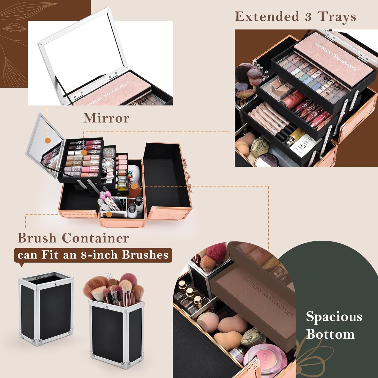 FRENESSA Makeup Case 11.8 Inch Makeup Organizer Case Large Cosmetic Box with Mirror Portable 3 Trays Travel Storage Box for Make Up Artist Nail Tech Kits Cosmetology Case 3D Rose Gold Floral - Image 4