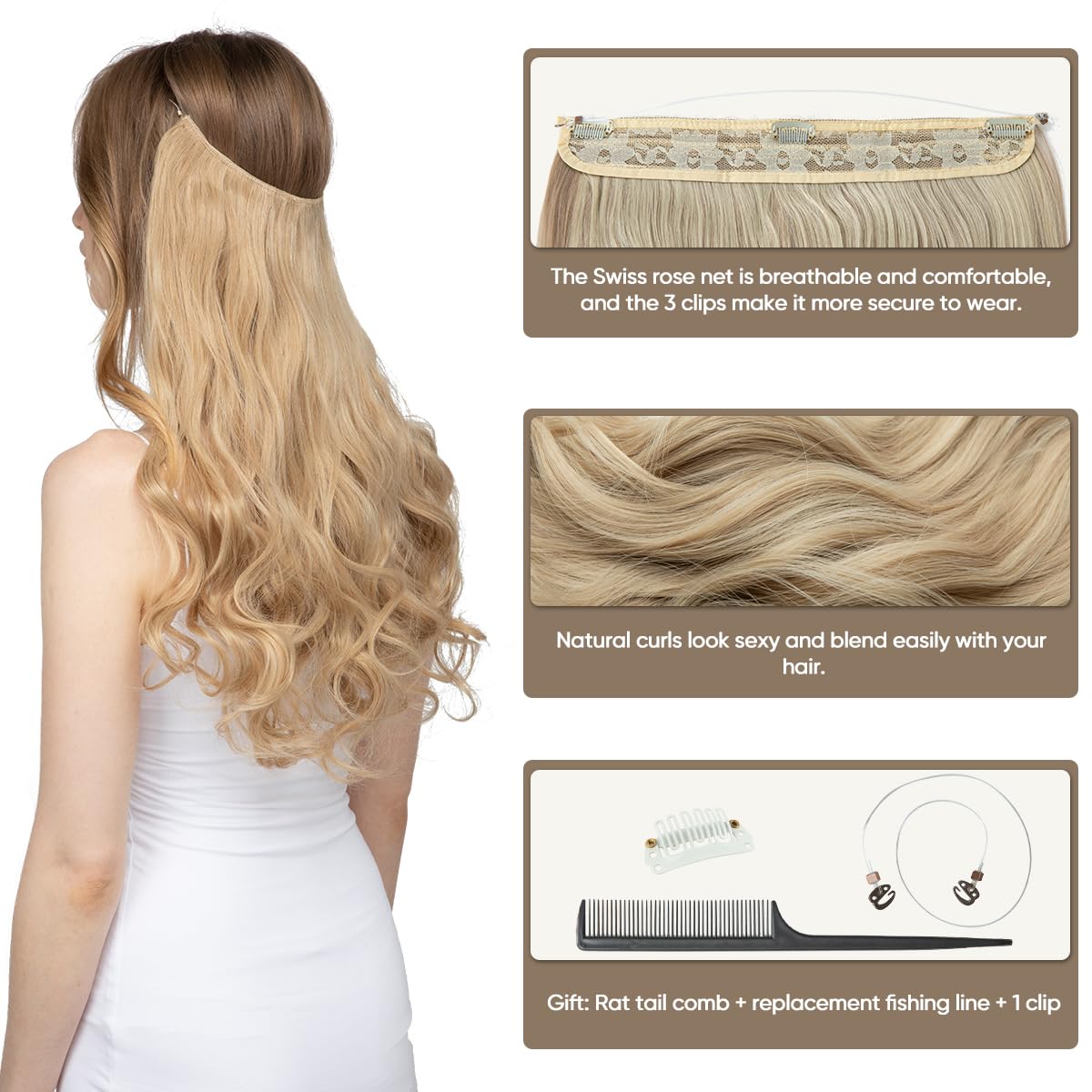 Sarla 18 Inch Wavy Curly Dirty Blonde Highlight Synthetic Hair Extensions Adjustable Headband - Image 3