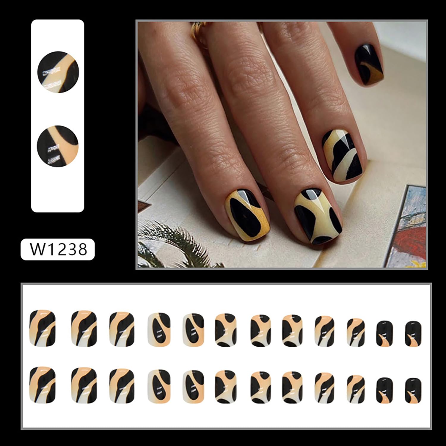 Vezocim Fall Press on Nails Square Short, 24Pcs Glossy Artificial Fake Nails with Black and Yellow Designs, Full Cover Acrylic Coffin False Fingernails with Charm for Women Girls - Image 2