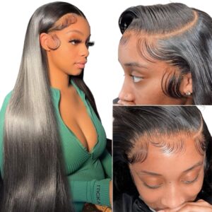 Straight Lace Front Wigs Human Hair 13x4 HD Transparent Lace Front Human Hair Wigs for Black Women Glueless Brazilian Virgin Hair Lace Frontal Wig 180% Density Pre Plucked with Baby Hair Hairline