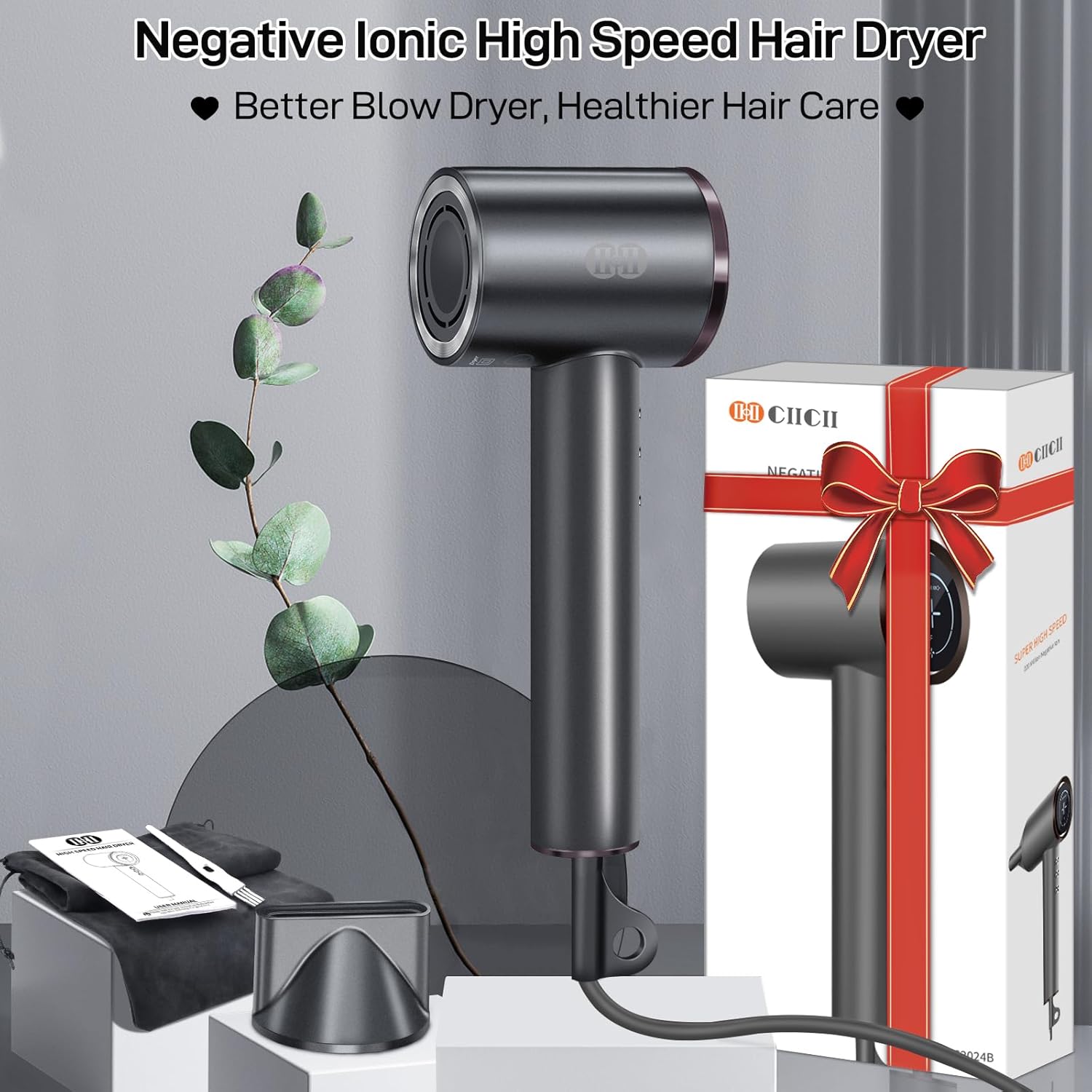 CIICII Negative Ionic Hair Dryer Professional, 120000RPM High Speed Blow Dryer (1600W Brushless/ 3-Speed/ 4-Temp & HD Display & Portable Bag) Fast Drying Hairdryer for Home, Travel & Salon (Black) - Image 8