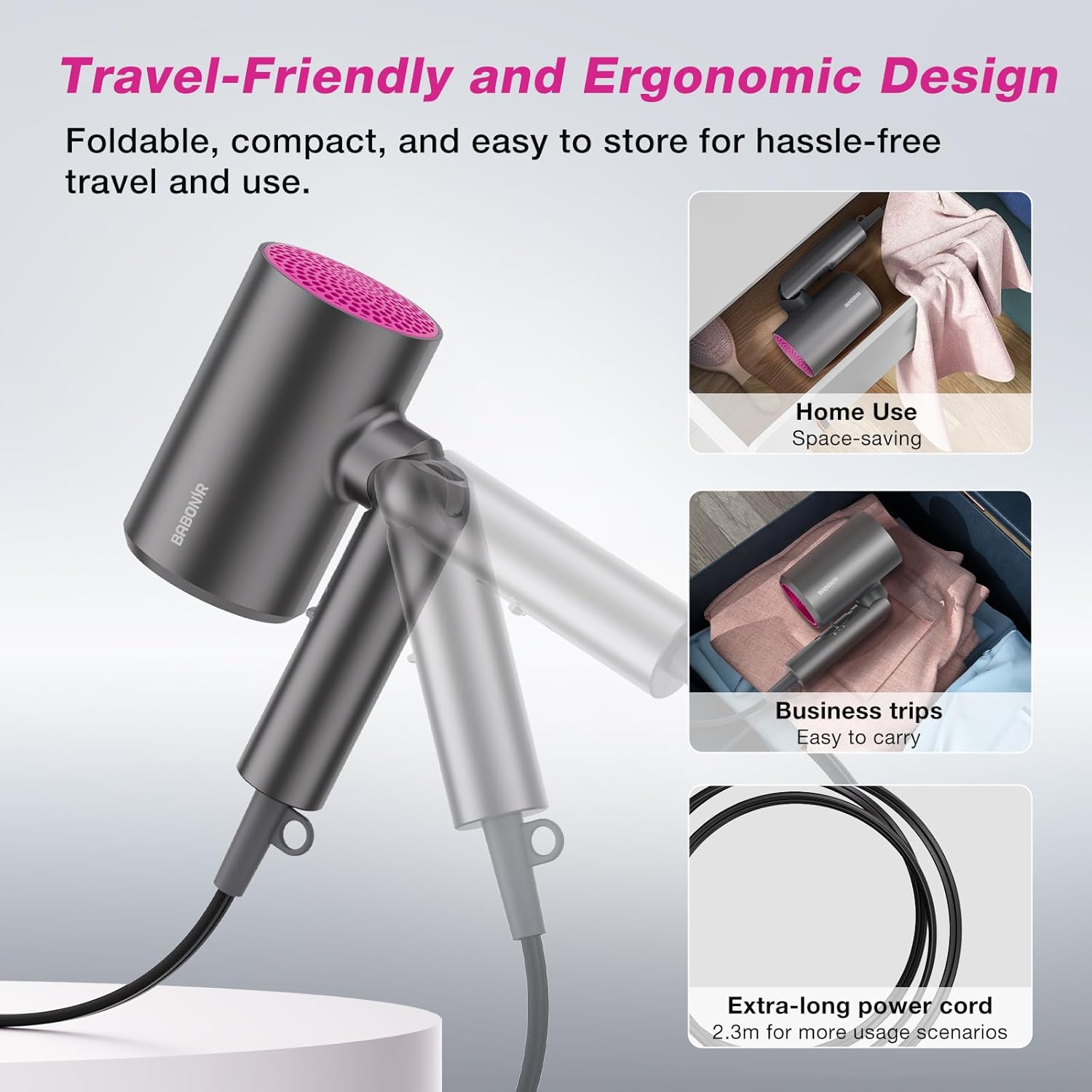 Diffuser Hair Dryer, 1875W Fast Drying, Foldable Travel Design, Turbo Blow Dryer with Diffuser and Concentrator Nozzle, Compact & Powerful Ionic Hairdryer, 3 Temps & 2 Speeds Lightweight, Gray - Image 5