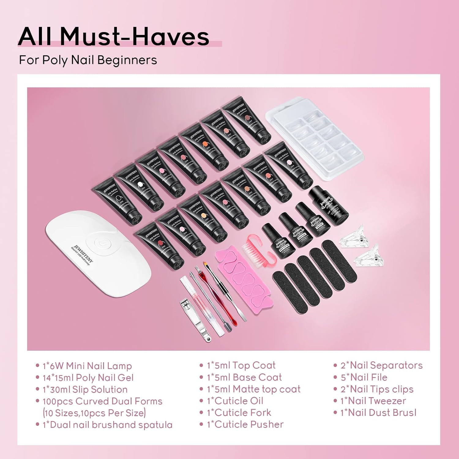 JEWHITENY Poly Extension Gel Nail Kit 14 PCS Poly Gel Kit with Slip Solution and Mini Lamp Nail Art Design Beginner - Image 2