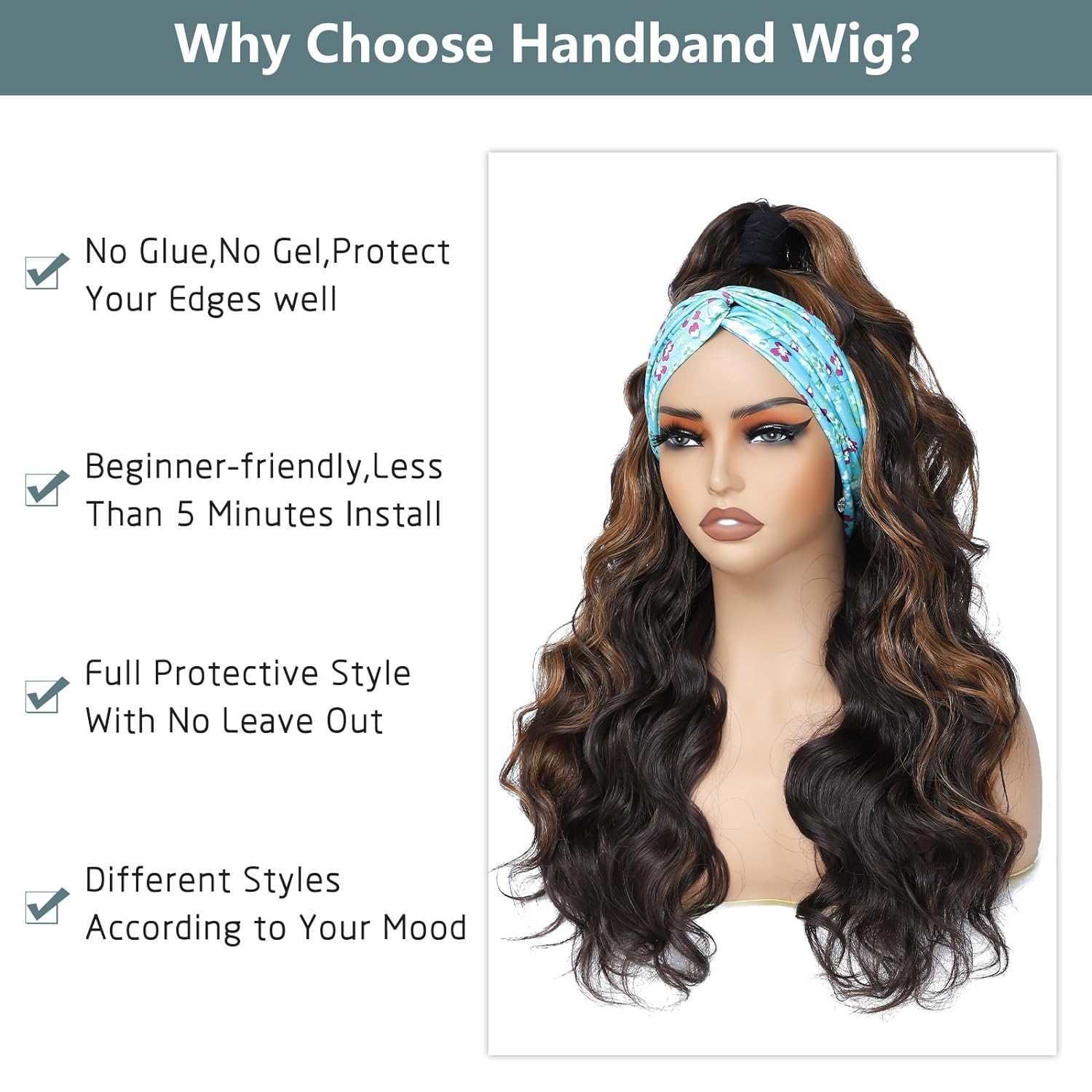 xccoco Long Wavy Headband Wig for Women Black Wigs with Brown Blonde Highlight 200% Denisty Headband Wigs Put On and Go Glueless Wig Long Synthetic Wig for Women Party Daliy Use - Image 3