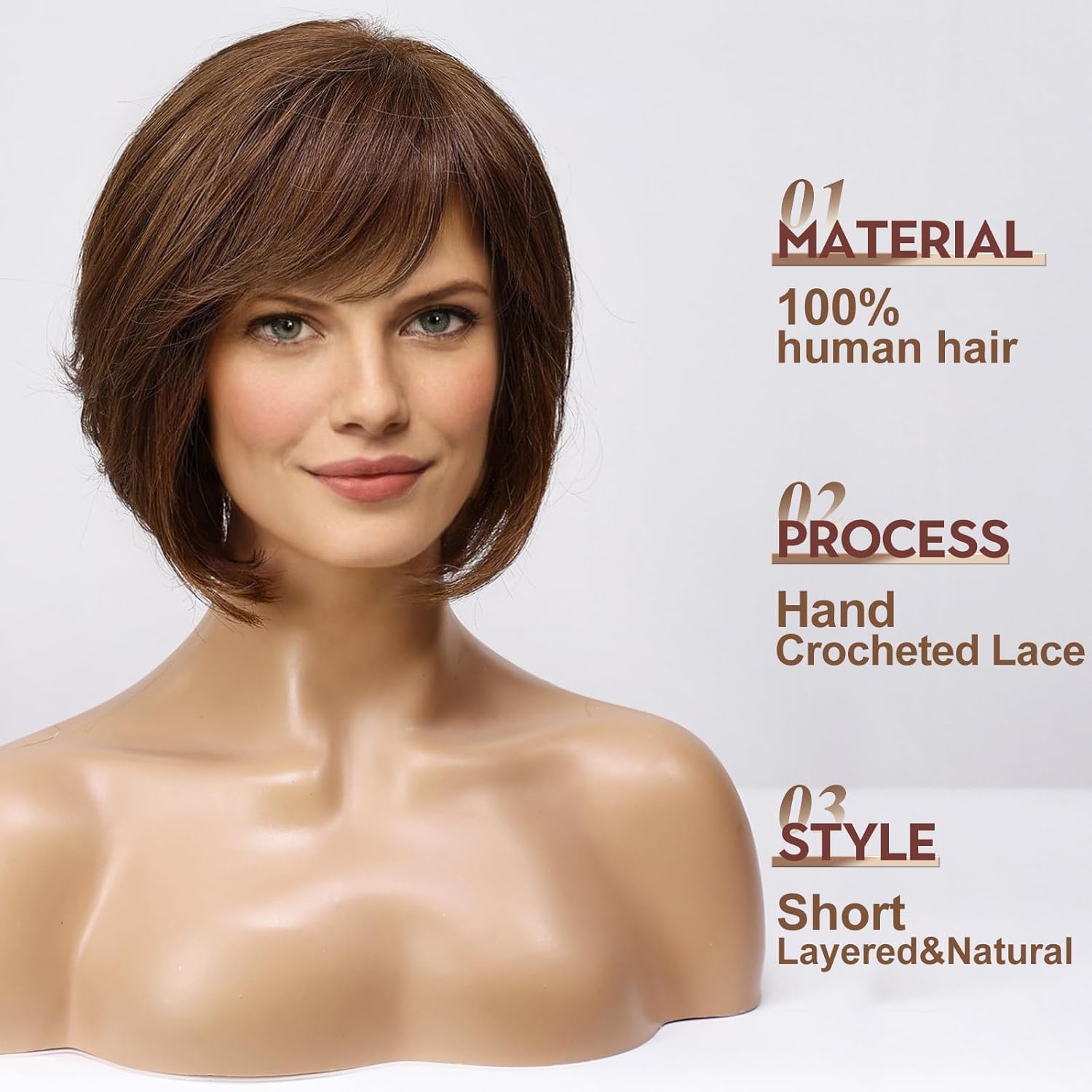 HAIRCUBE Short Brown Wig for Women Hand-Tied Lace Front Human Hair Wig Layered Bob Wig with Bangs Natural Wig for Daily Use - Image 2