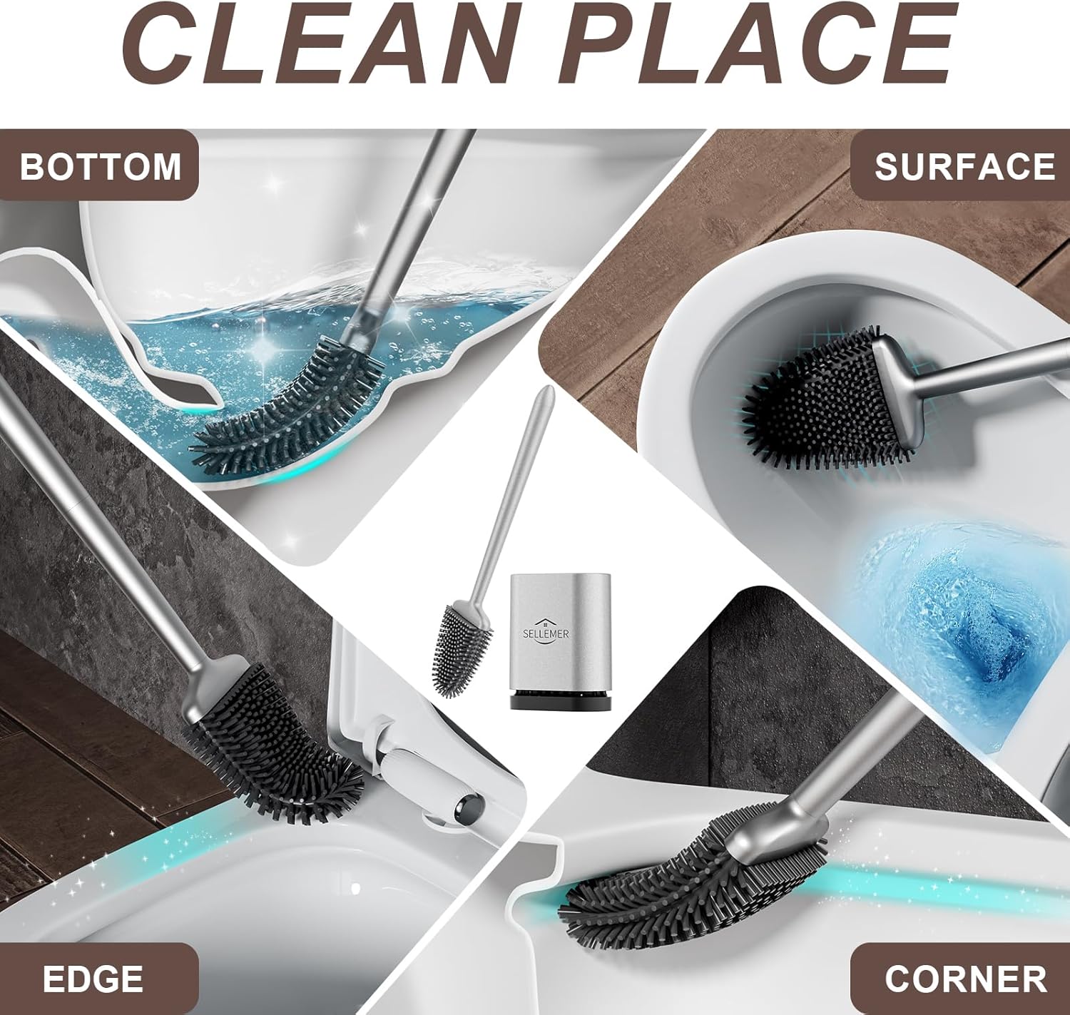 Sellemer Silver Toilet Brush and Holder Set with Flexible Silicone Bristles Compact Size - Image 2
