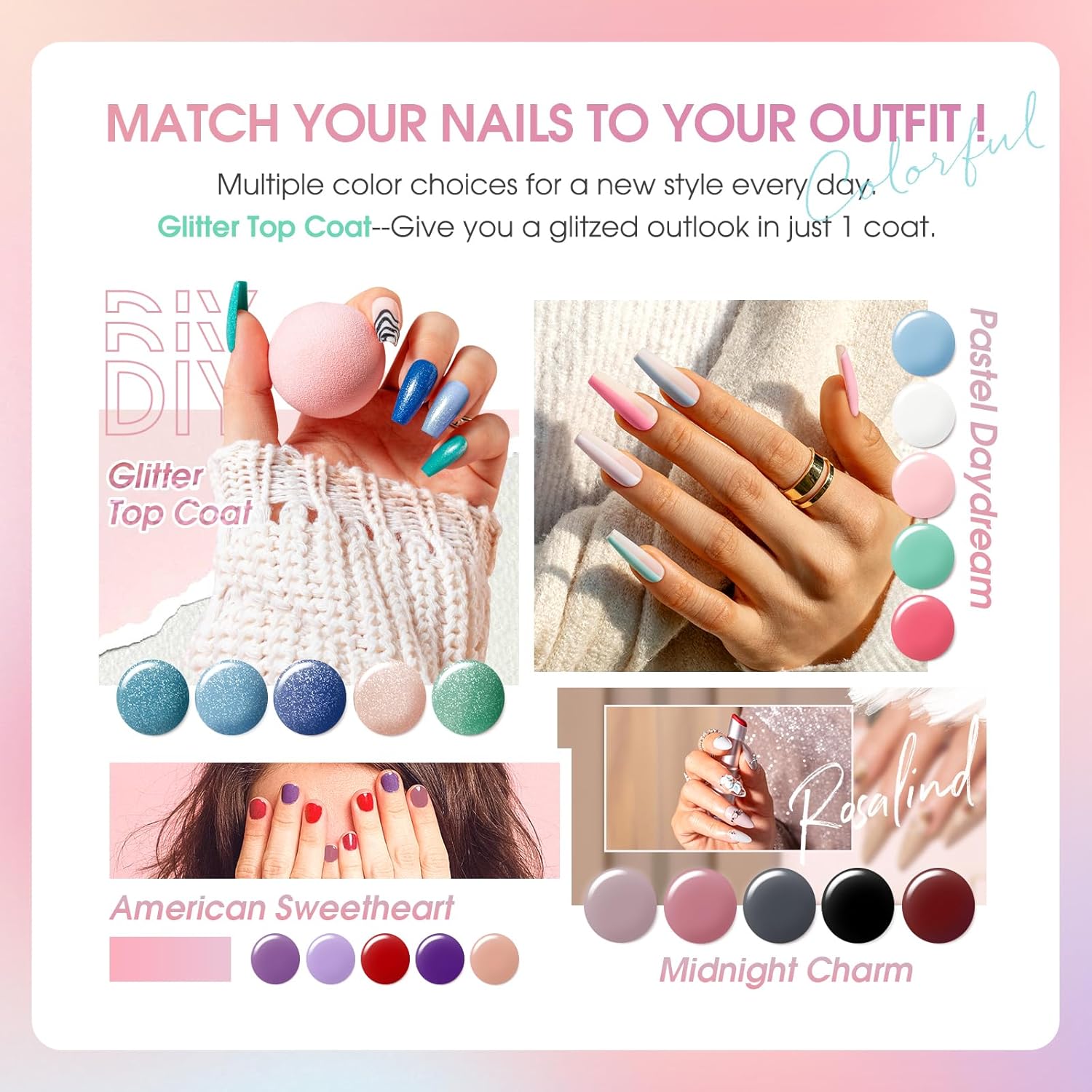 ROSALIND 30PCS Gel Nail Polish Set with Base Coat and Glossy Matte Glitter Top Coat Gel Polish, 26 Multicolored Gel Nail Set for Beginners Nail Art at Home - Image 5
