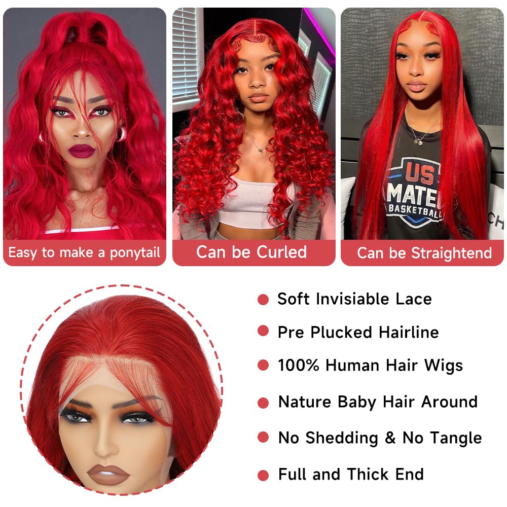 Red Lace Front Wigs Human Hair Pre Plucked 13x4 Body Wave Colored Red Human Hair Wig Hd Lace Frontal Glueless Wigs 180% Density 22 Inch - Image 5