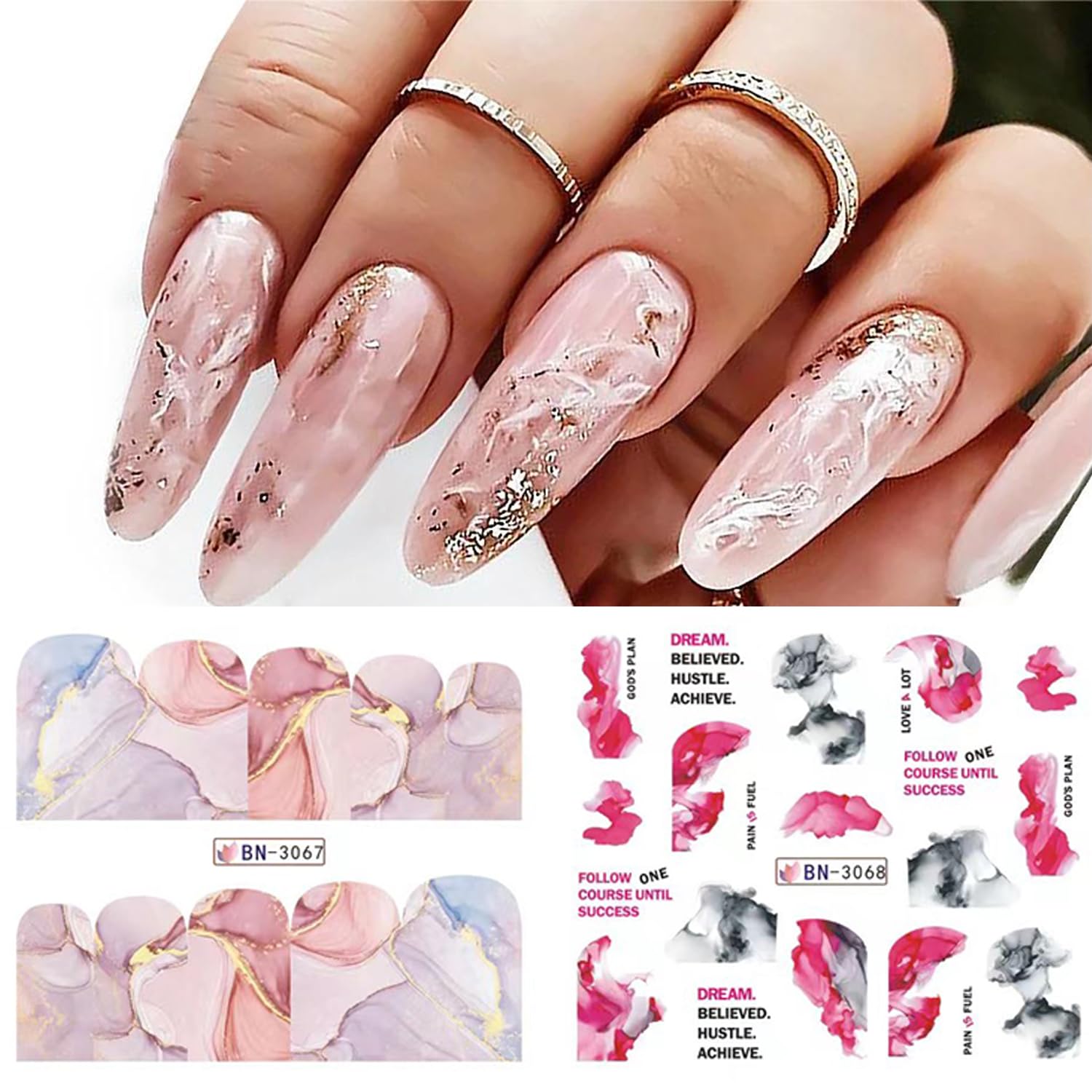 12 Sheets Watercolor Marble Nail Water Transfer Decals Nail Art Stickers Colorful Halo Staining Marble Stripe Designs Nail Art Supplies Spring Nail Tattoo Watermark Stickers Accessories for Women - Image 5