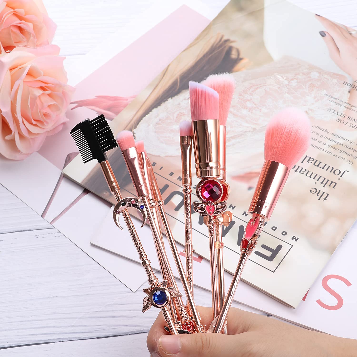 Makeup Brushed Set 8PCs Sailor Moon Magical Girl Golden Cosmetic Brush Tool Pink Eyeshadow Brushes Eyeliner Eyebrow Essential Cosmetic Brush Kits - Image 6