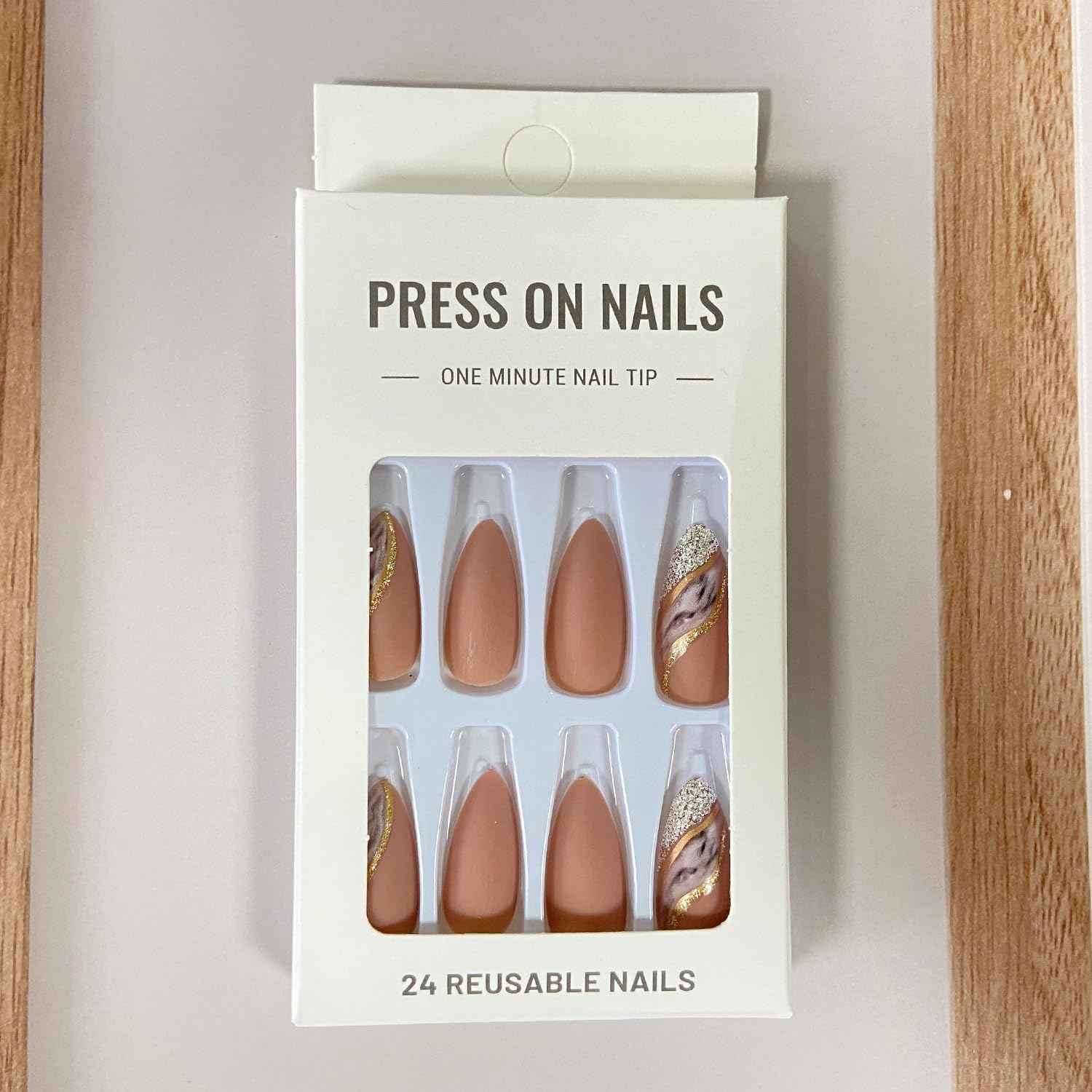 Almond Press Nails - Brown False Nails With Gold Line Marble Texture Designs, Full Cover Stick on Acrylic Artificial Nails for Women Girls, 24Pcs - Image 5